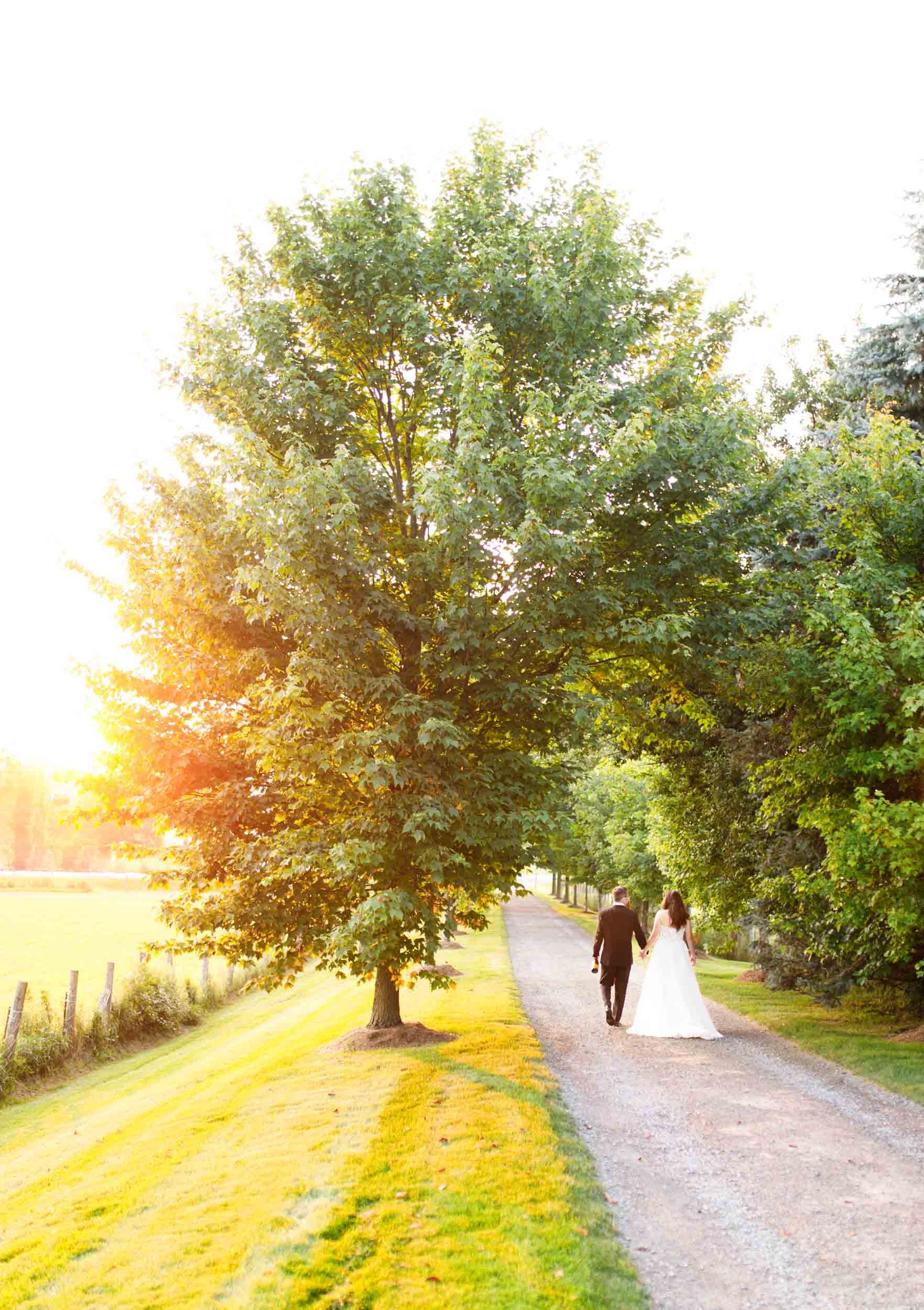 Bride and groom walking together through golden light at Cambium Farms in Alton, Ontario