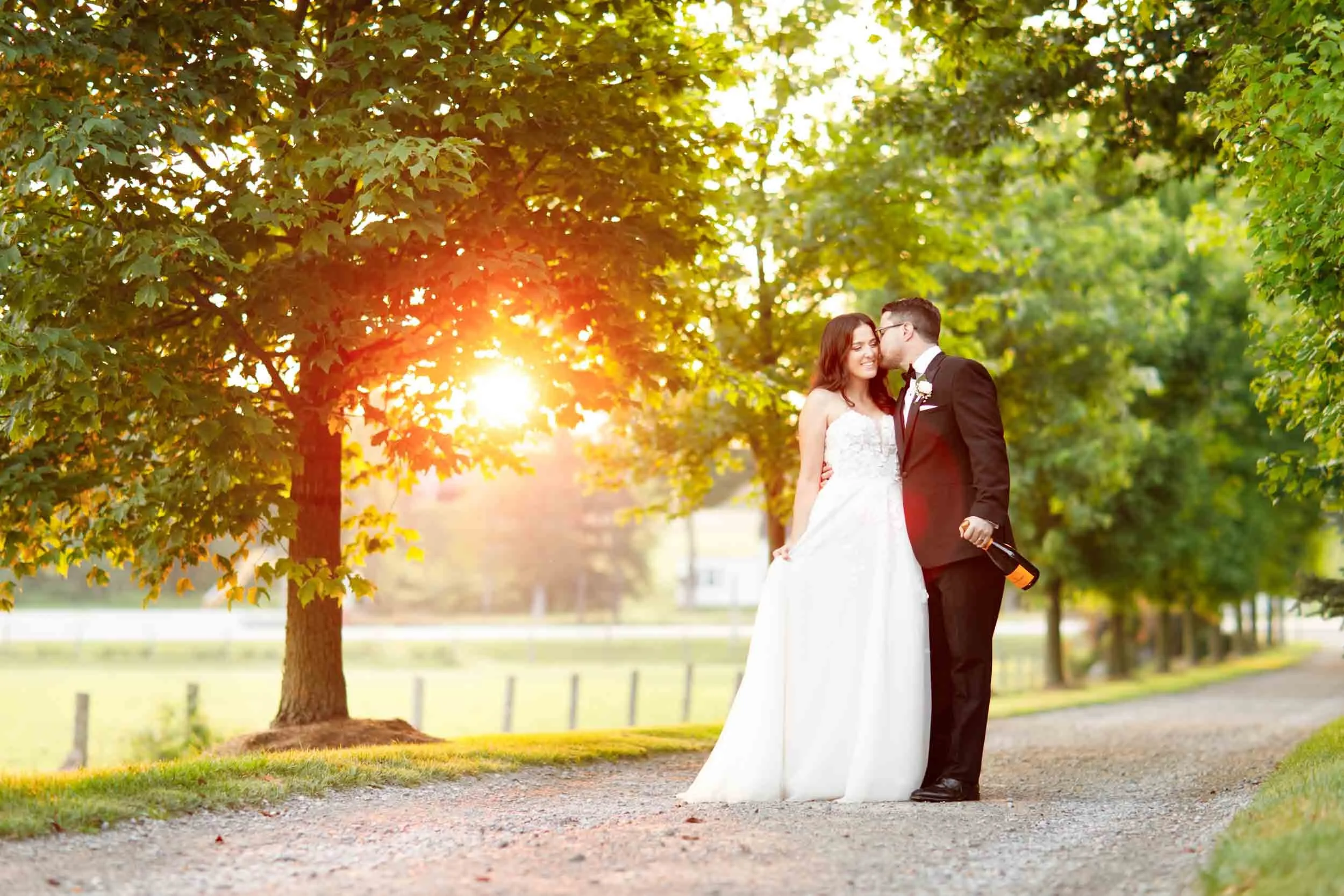 Bride and groom posing beneath a tree with the setting sun at Cambium Farms in Alton, Ontario