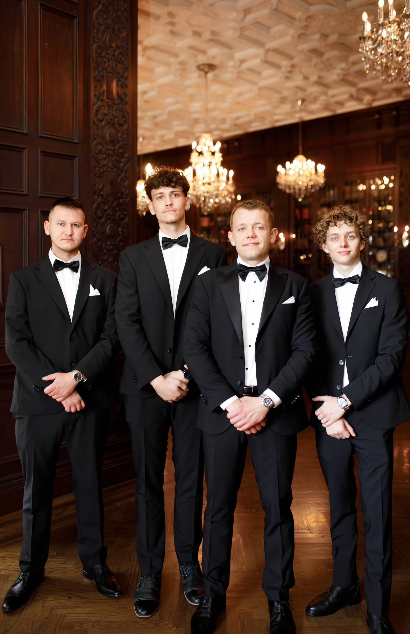 Groomsmen inside Casa Loma