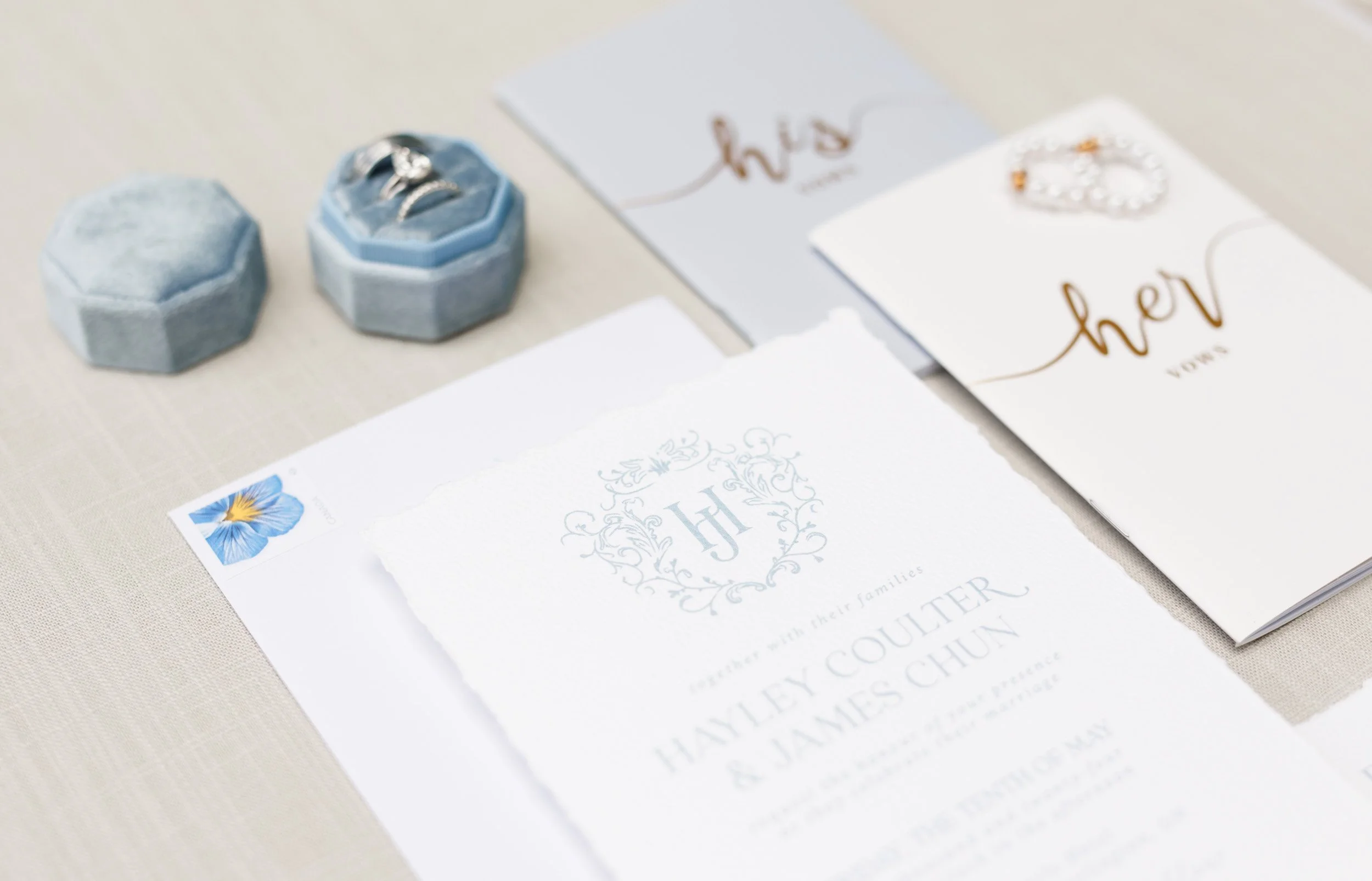 Close up of wedding stationery and ring boxes from a Pearle Hotel wedding in Burlington Ontario
