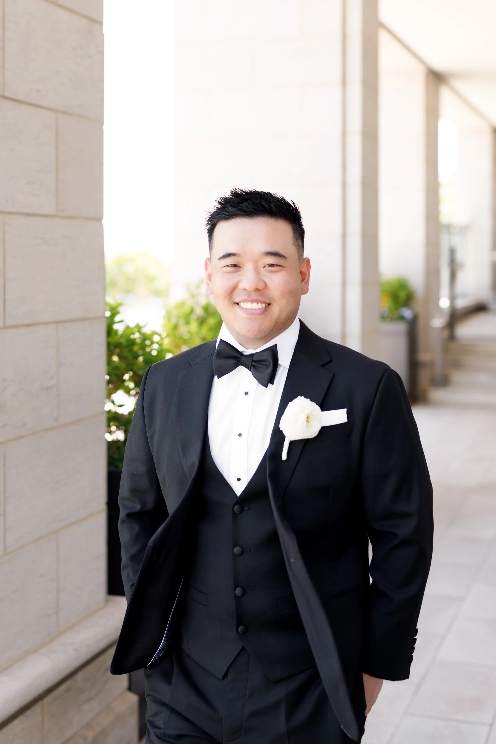 Portrait of the groom in his tuxedo at the Pearle Hotel in Burlington Ontario