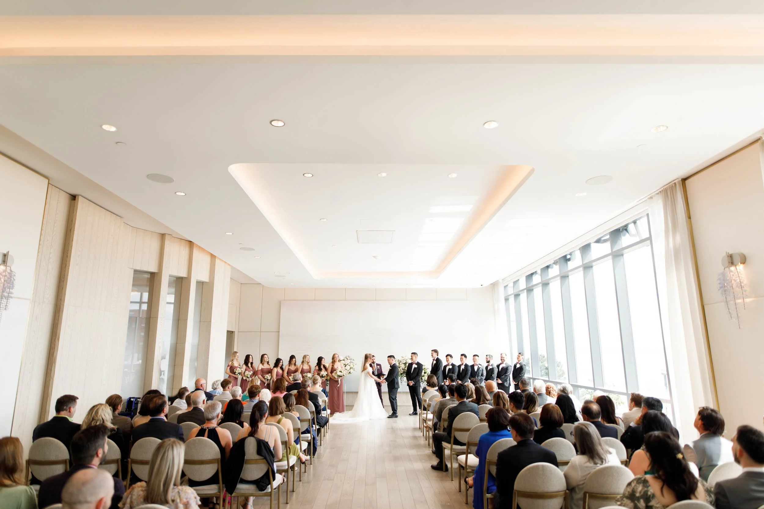 Wide view of the wedding ceremony at the Pearle Hotel in Burlington Ontario
