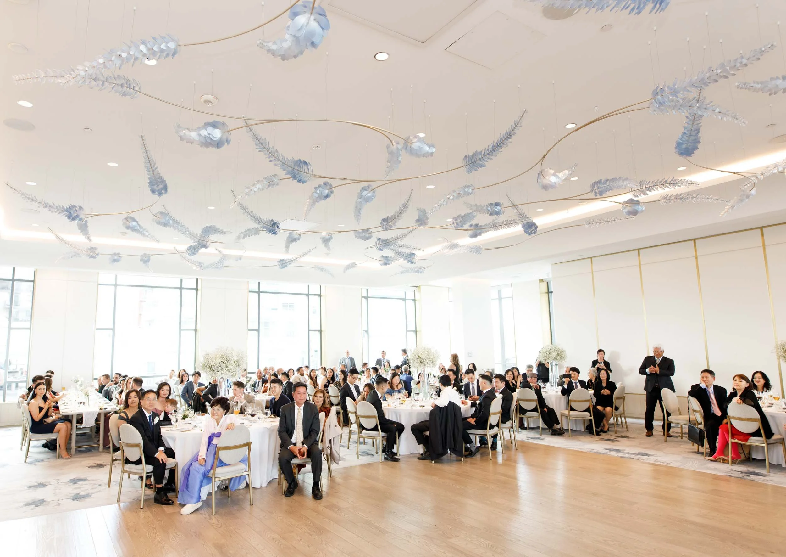 Wide view of the Pearle Hotel wedding reception ballroom in Burlington Ontario