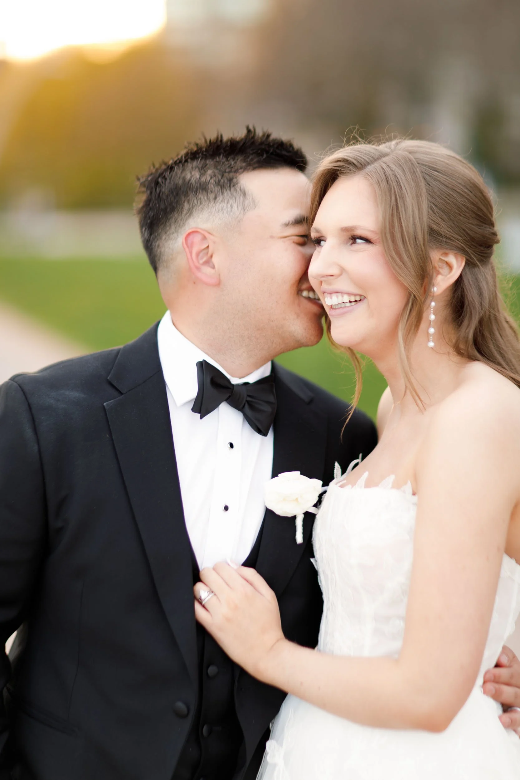 Bride and groom sharing a quiet moment outside the Pearle Hotel in Burlington Ontario