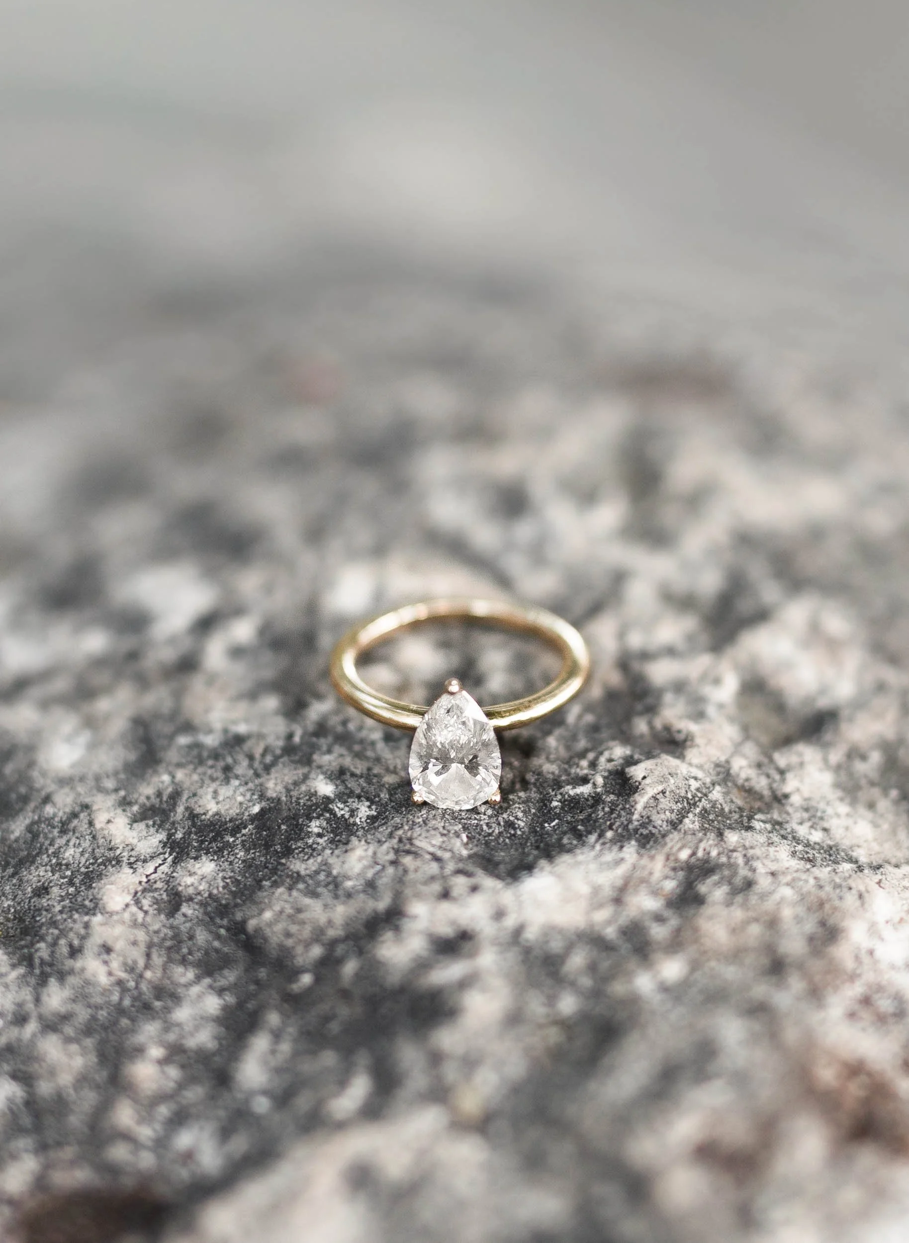Close up of an engagement ring on stone during a Grindstone Marsh Trail engagement session in Burlington Ontario