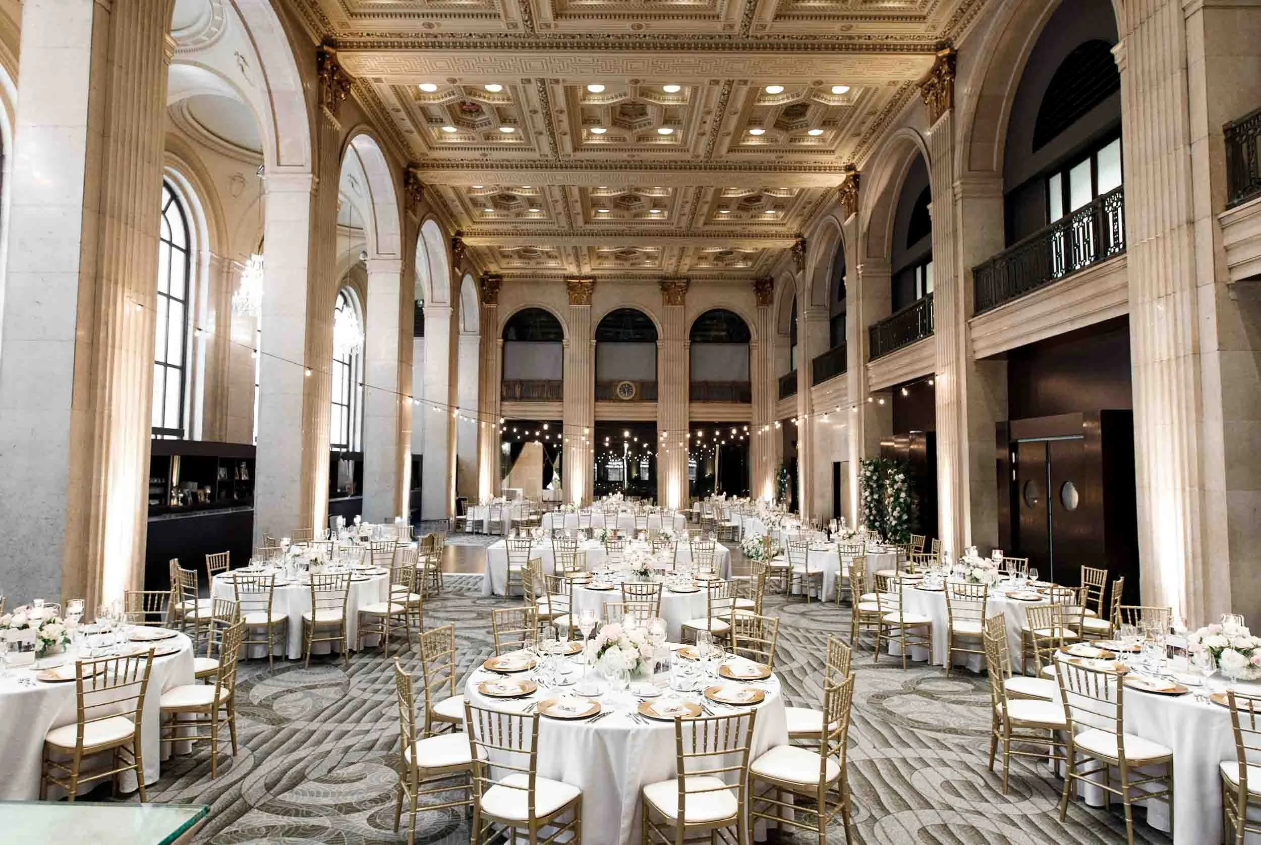 Elegant wedding reception setup inside the grand ballroom at One King West in Toronto (Copy)
