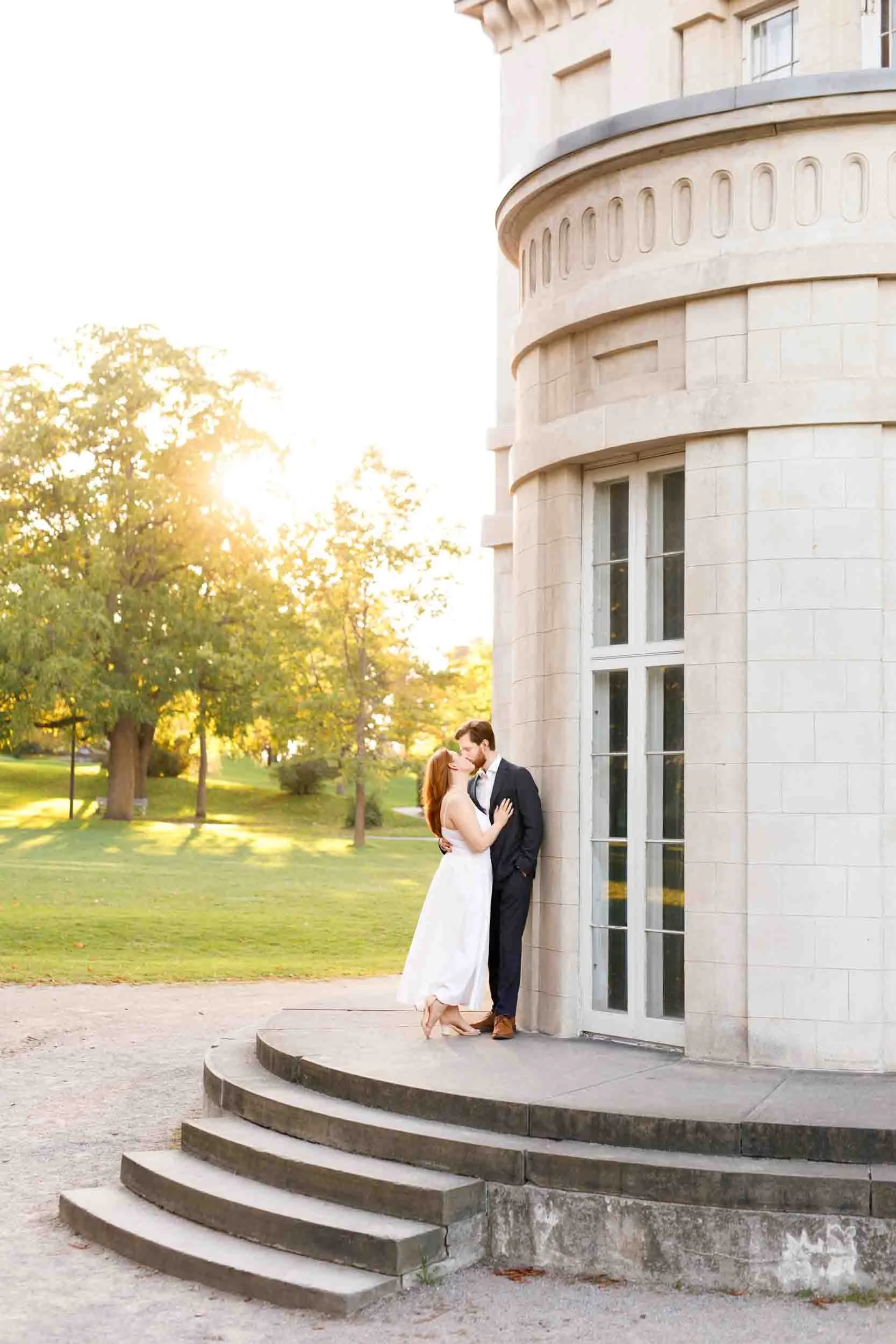 Sunlit engagement portrait on steps at Dundurn Castle in Hamilton, Ontario (Copy)