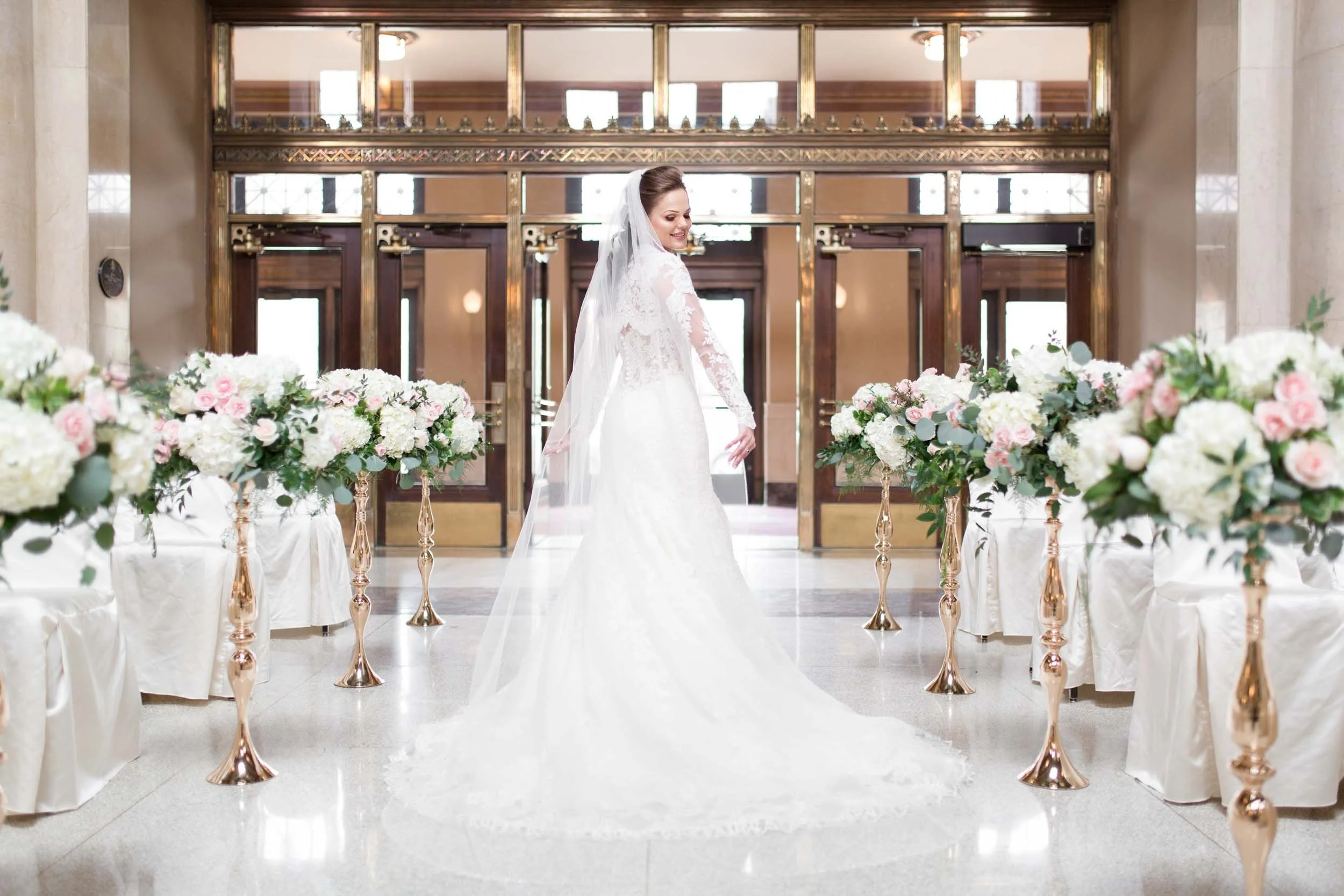 Elegant wedding aisle setup inside LIUNA Station ballroom in Hamilton (Copy)