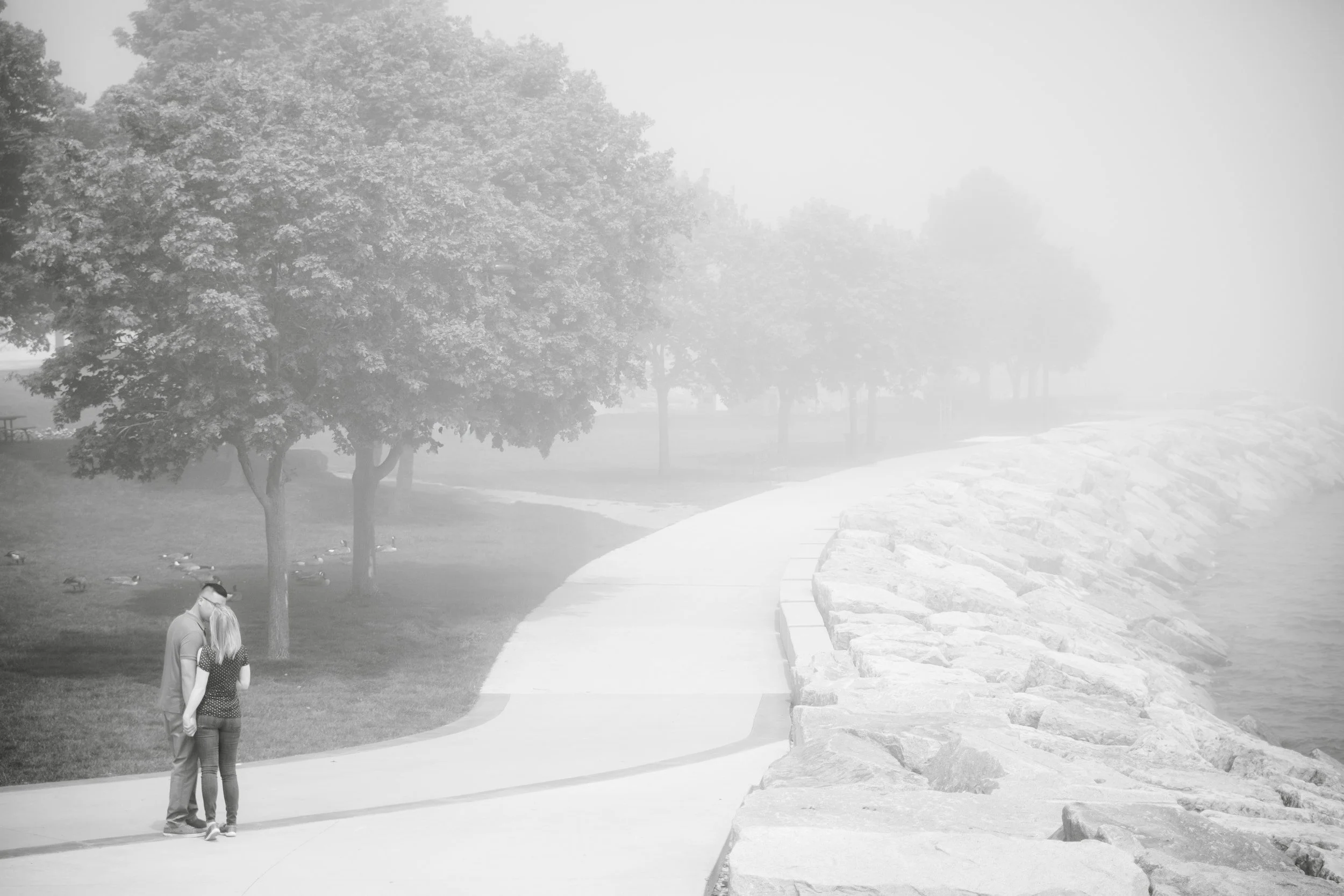 Black and white foggy wide portrait at misty Spencer Smith Park waterfront in Burlington, Ontario (Copy)
