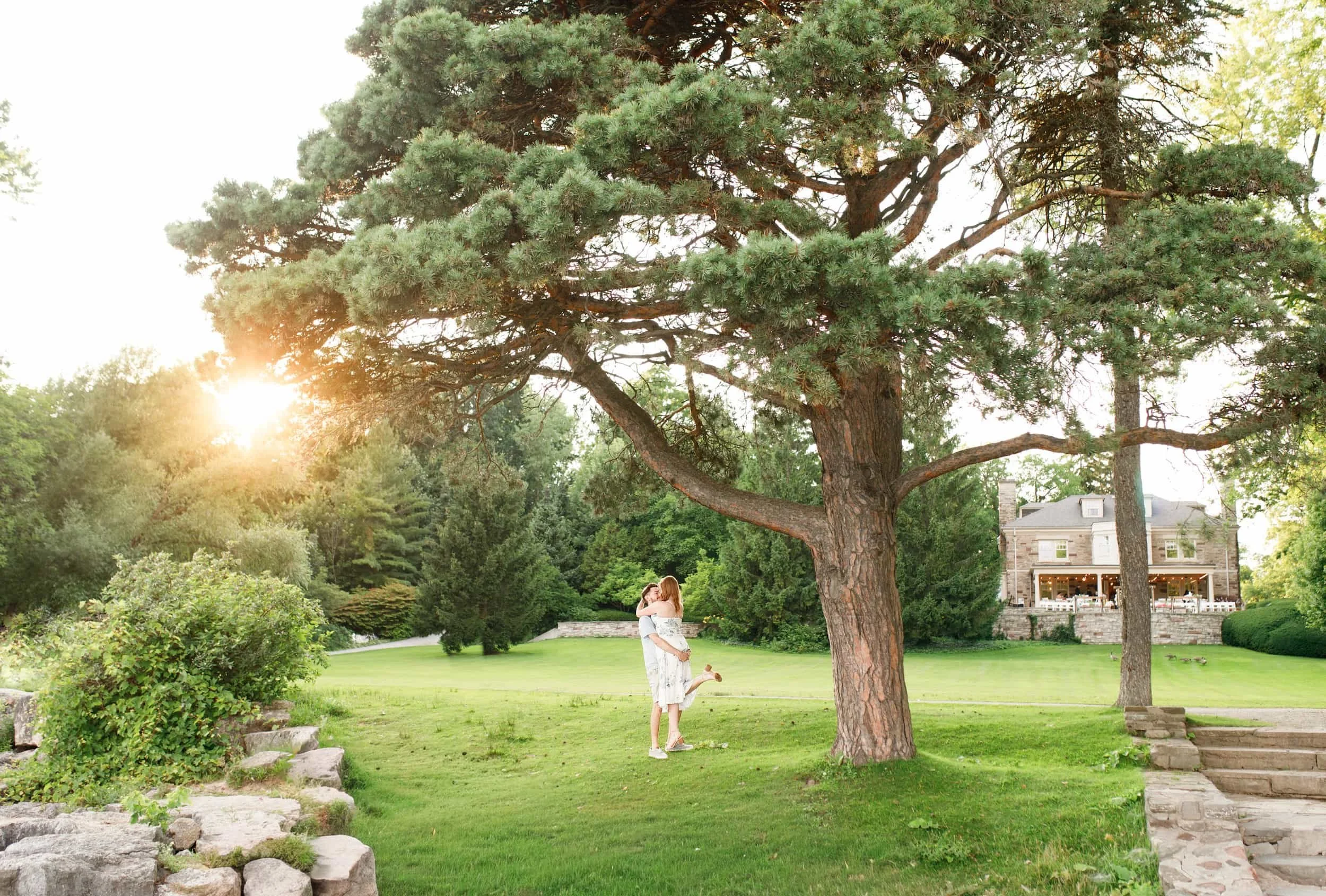Wide golden hour engagement portrait at Paletta Mansion in Burlington (Copy)