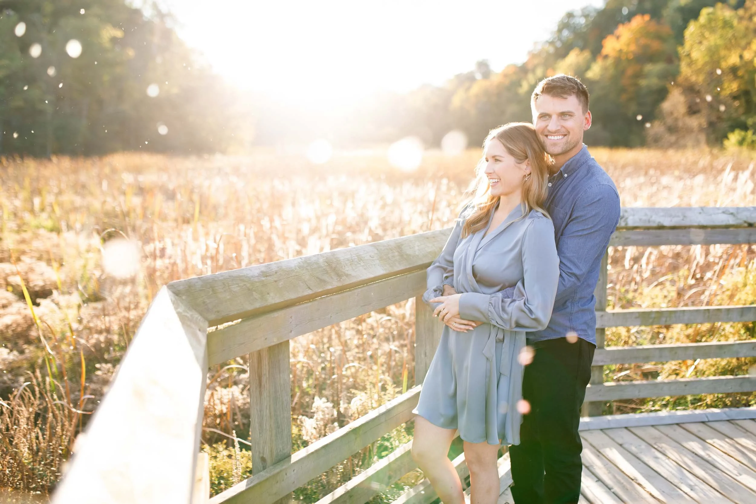 Golden hour sunset engagement portrait at Grindstone Marsh Trail in Burlington (Copy)