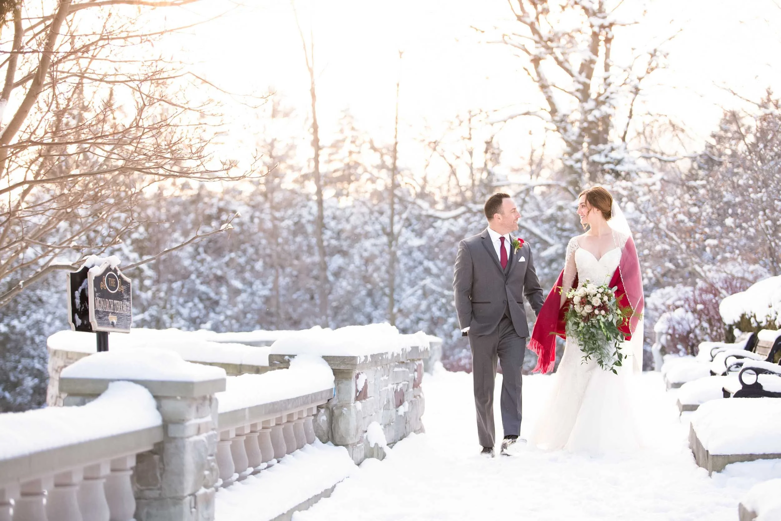 Winter wedding portrait on terrace at Paletta Mansion in Burlington (Copy)