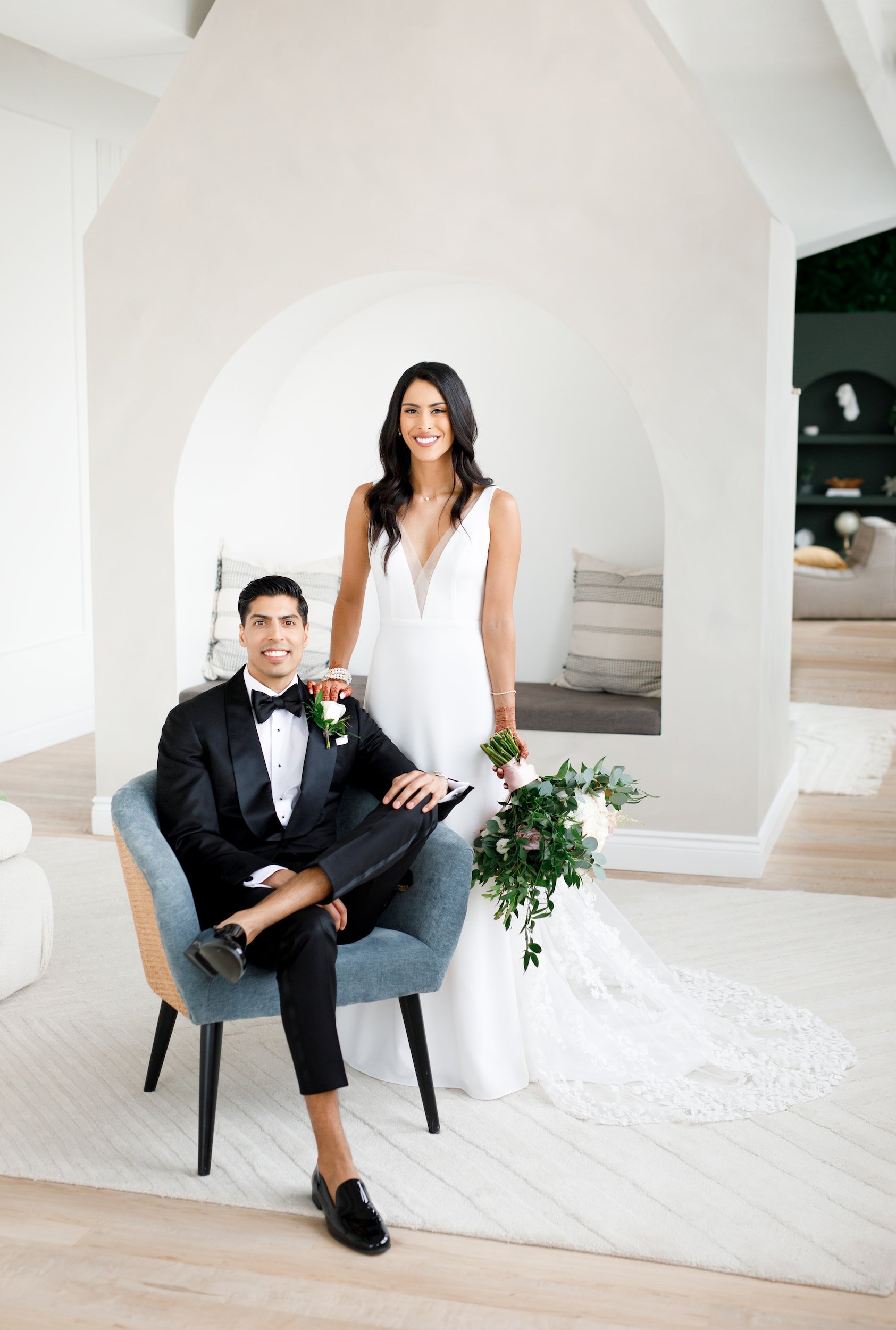 Bride and groom posing indoors during minimalist studio wedding portraits at Park Hill Studios in Cambridge, Ontario (Copy)