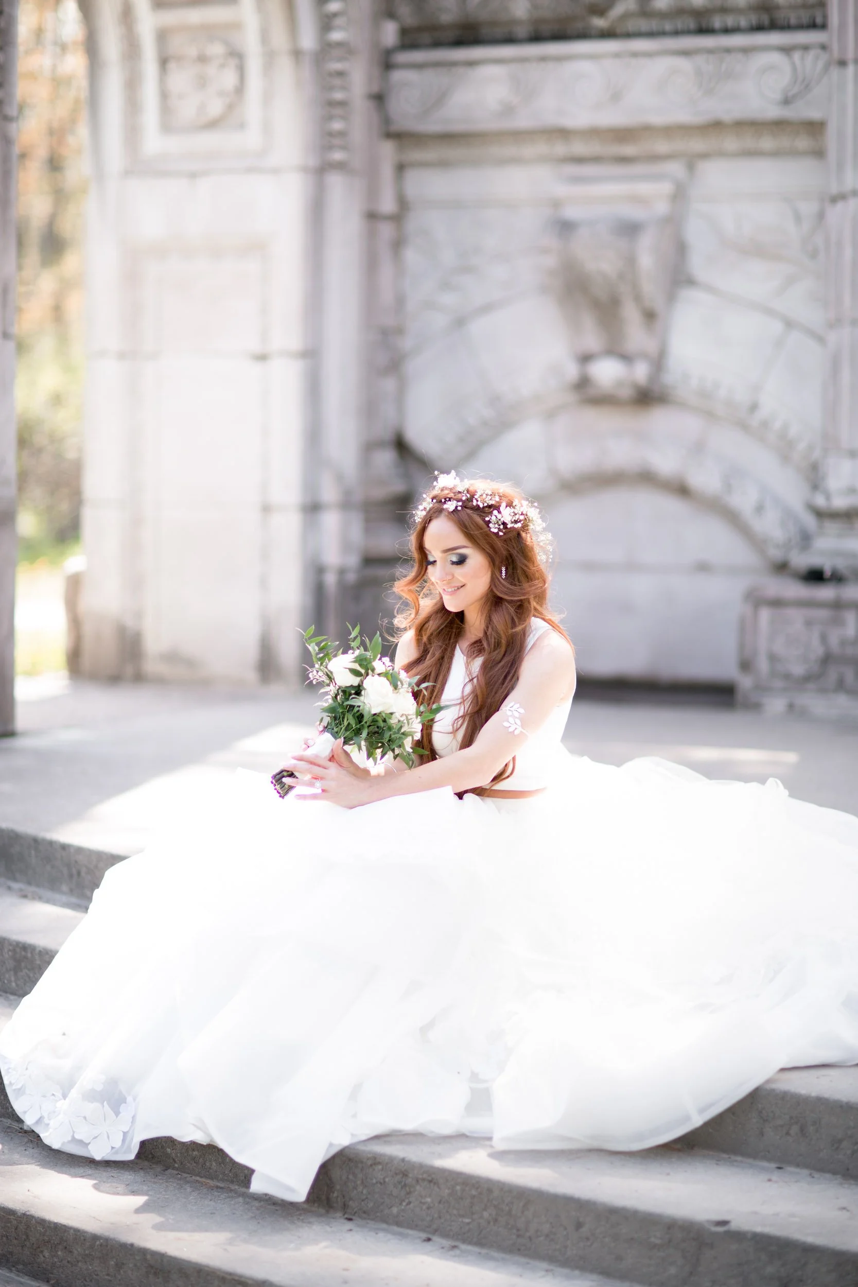 Bridal portrait seated among Guild Inn Estate ruins