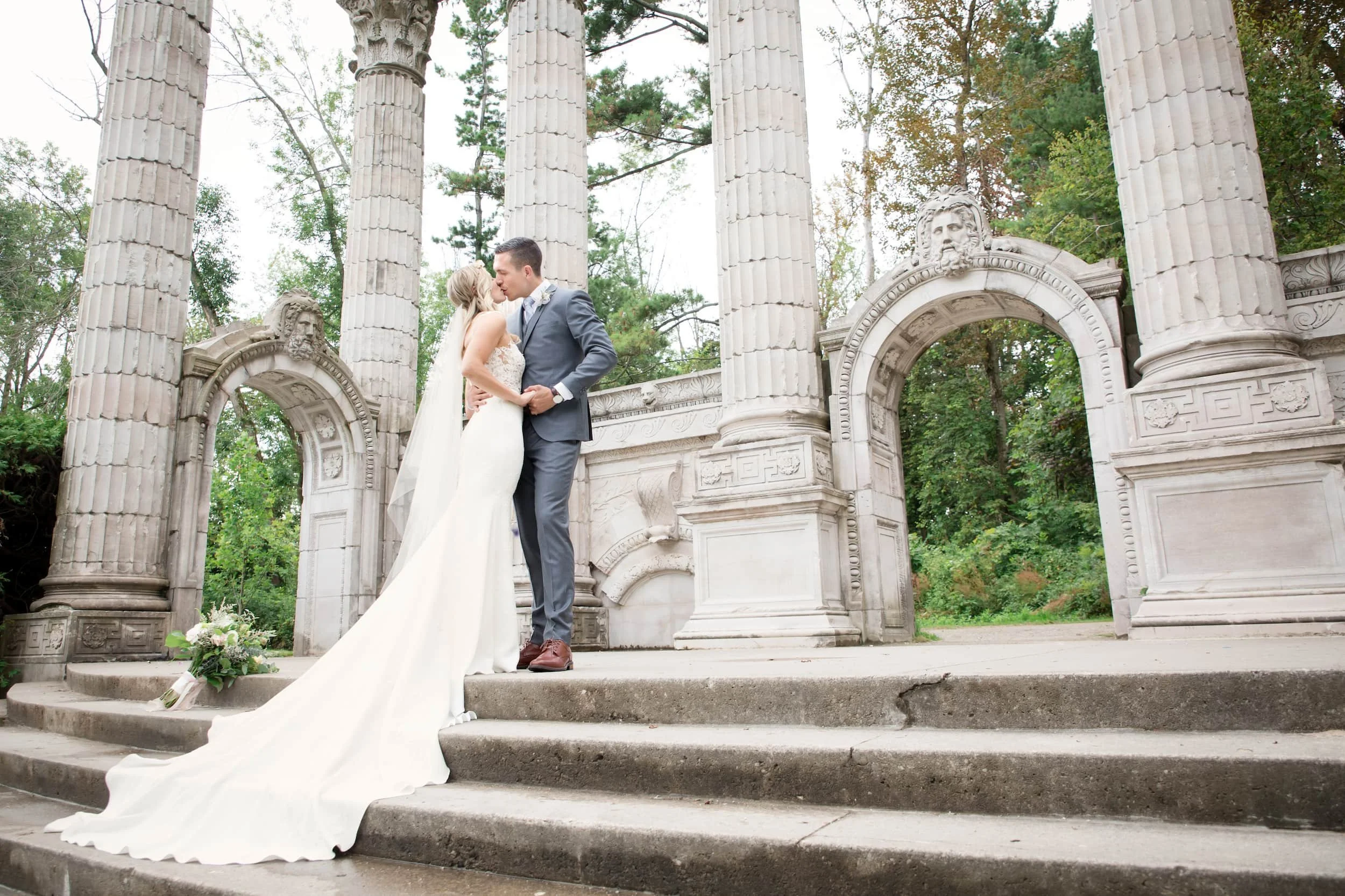 Bride and groom portrait on Guild Inn Estate stone steps
