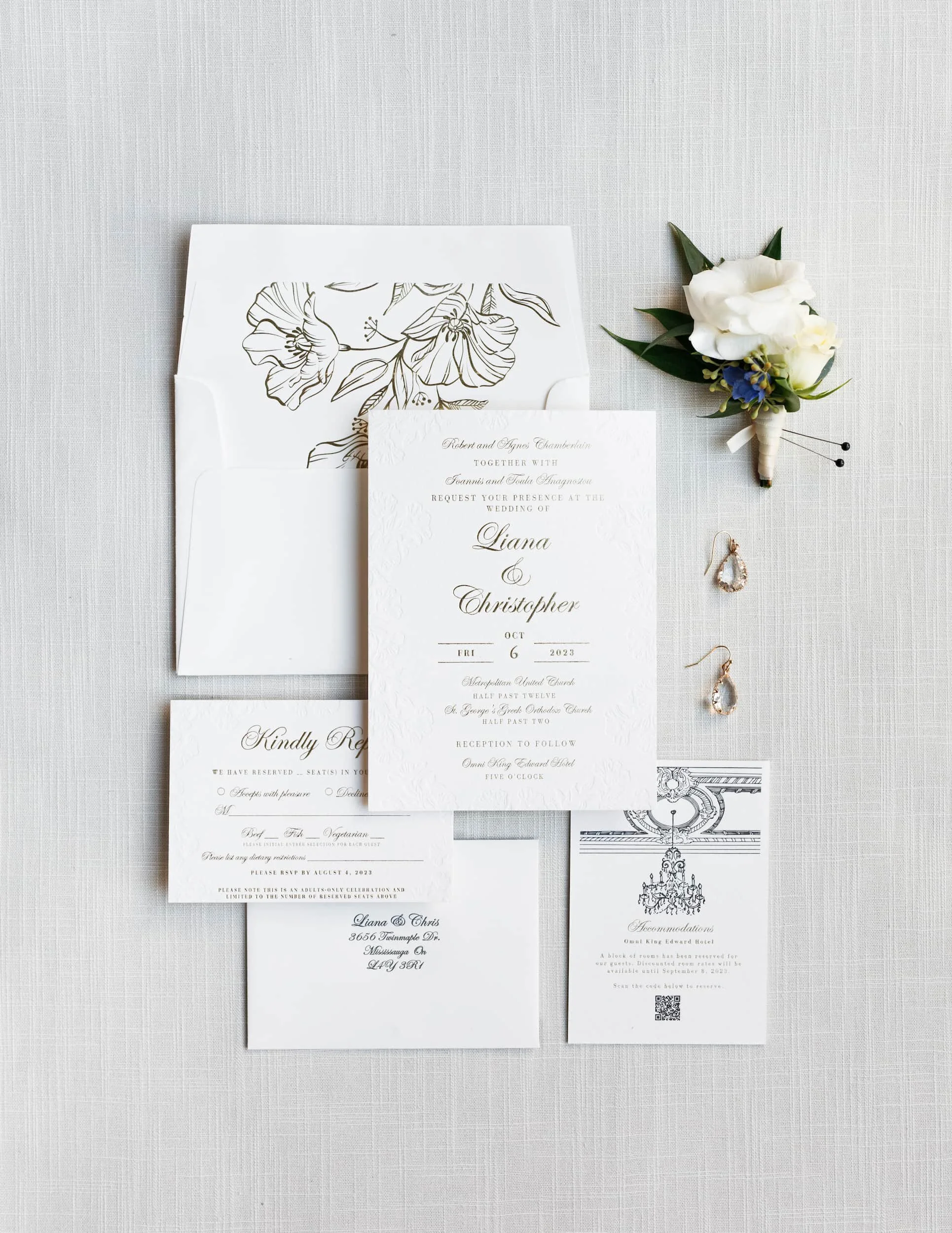 Wedding invitation suite and details at Omni King Edward Hotel in Toronto