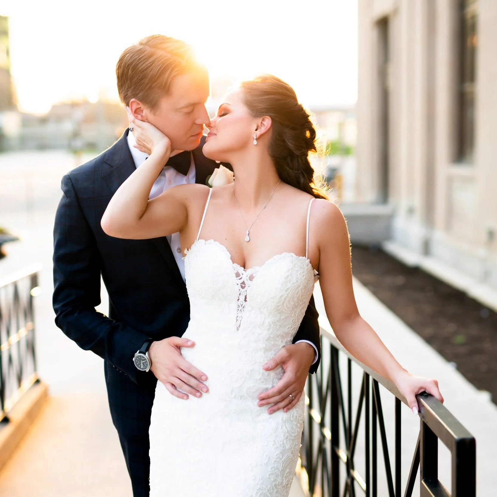 Romantic golden-hour pose of a bride and groom at their Liuna Station wedding in Hamilton, Ontario