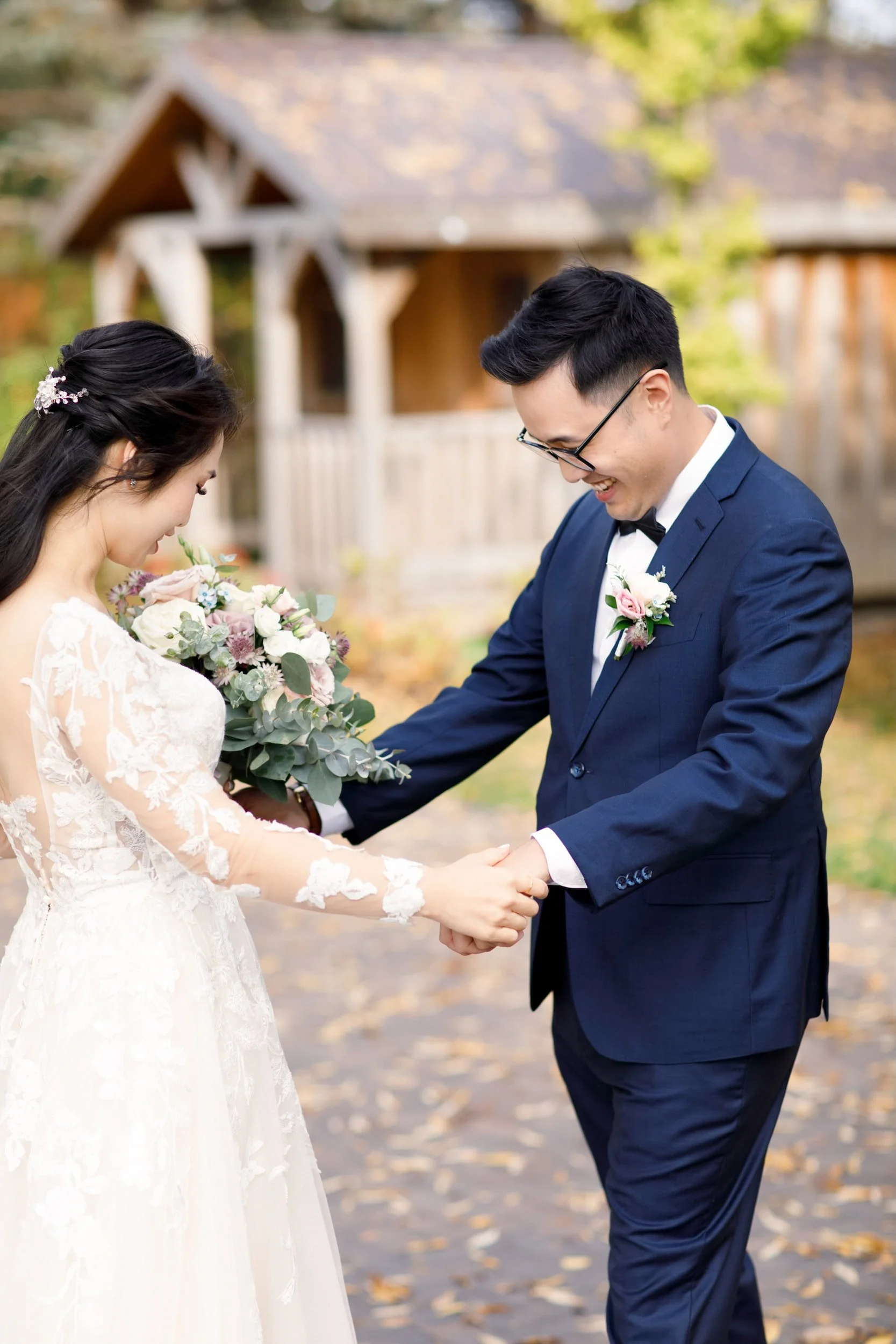 Bride and groom portrait with autumn foliage at the Arlington Estate in Vaughan