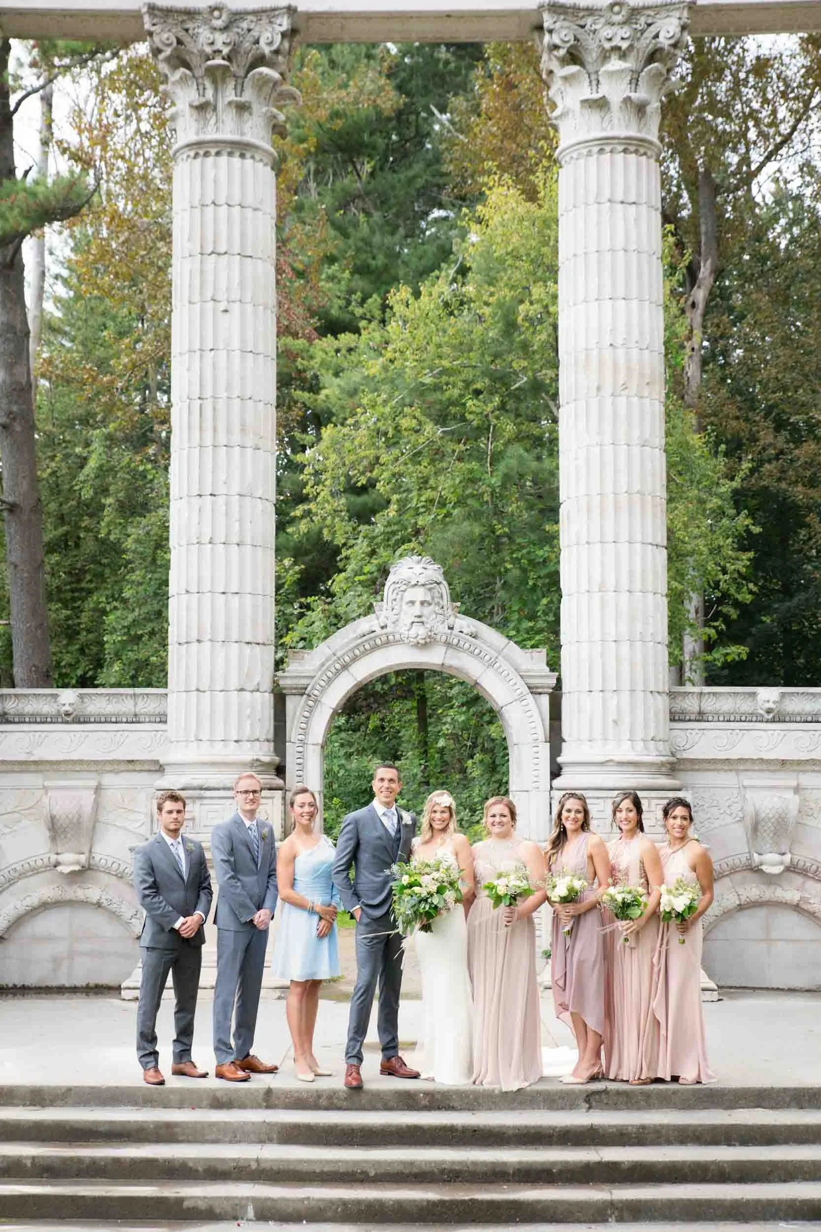 Wedding party portrait at Guild Inn Estate Greek Theatre ruins