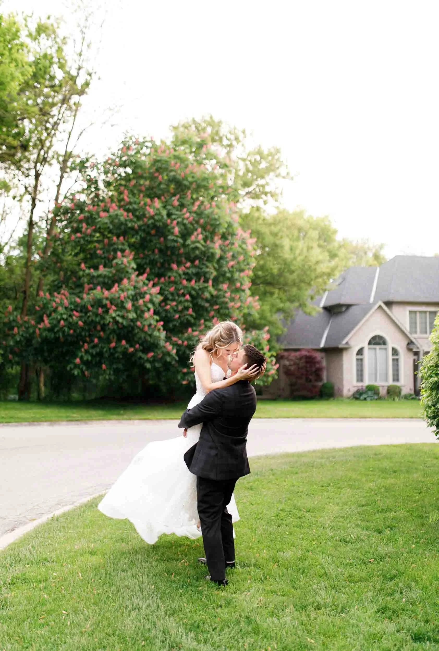 Bride and groom romantic portrait on the Ancaster Mill grounds