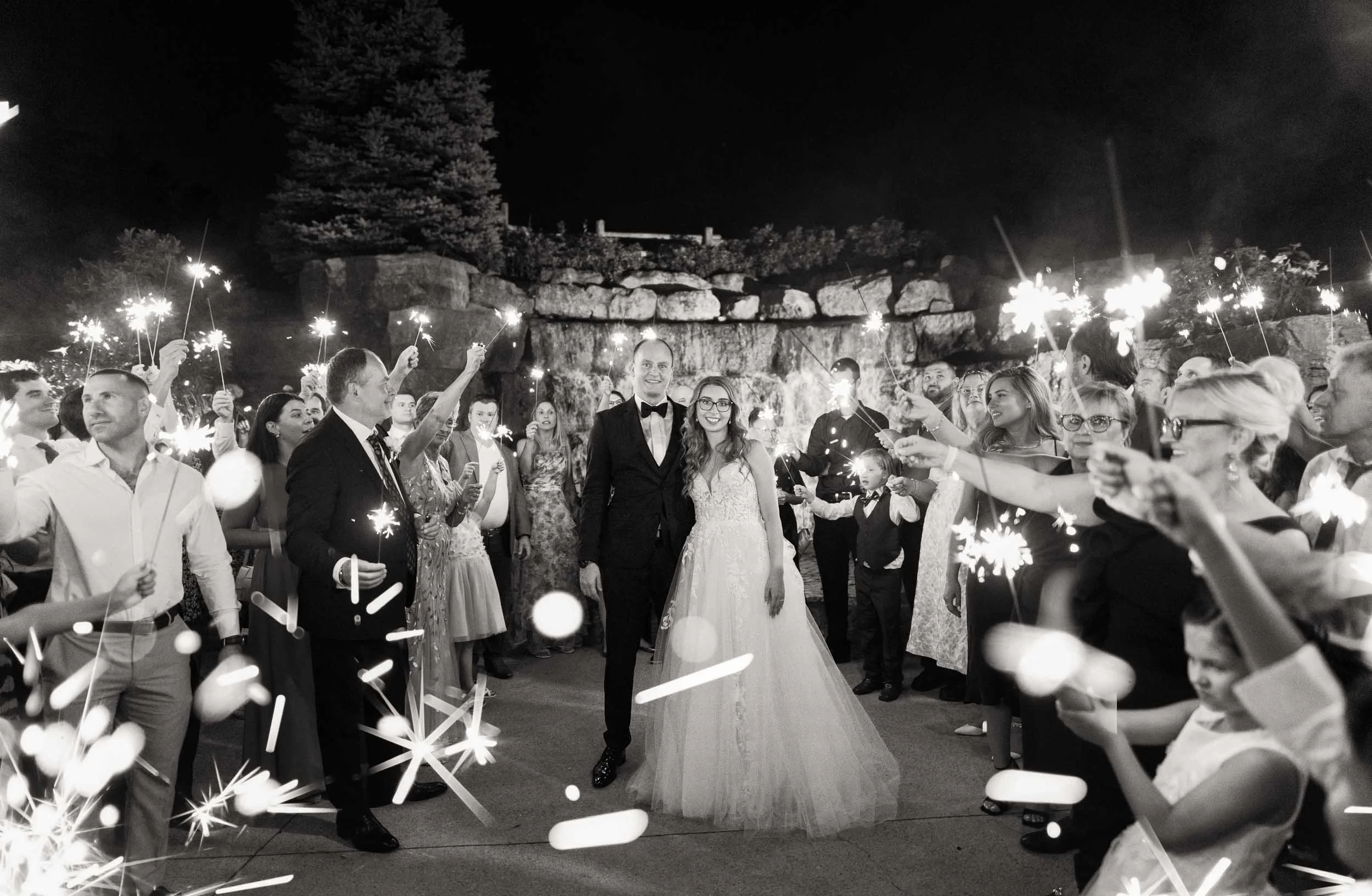 Black and white nighttime sparkler send-off in black and white at Whistle Bear Golf Club in Cambridge, Ontario