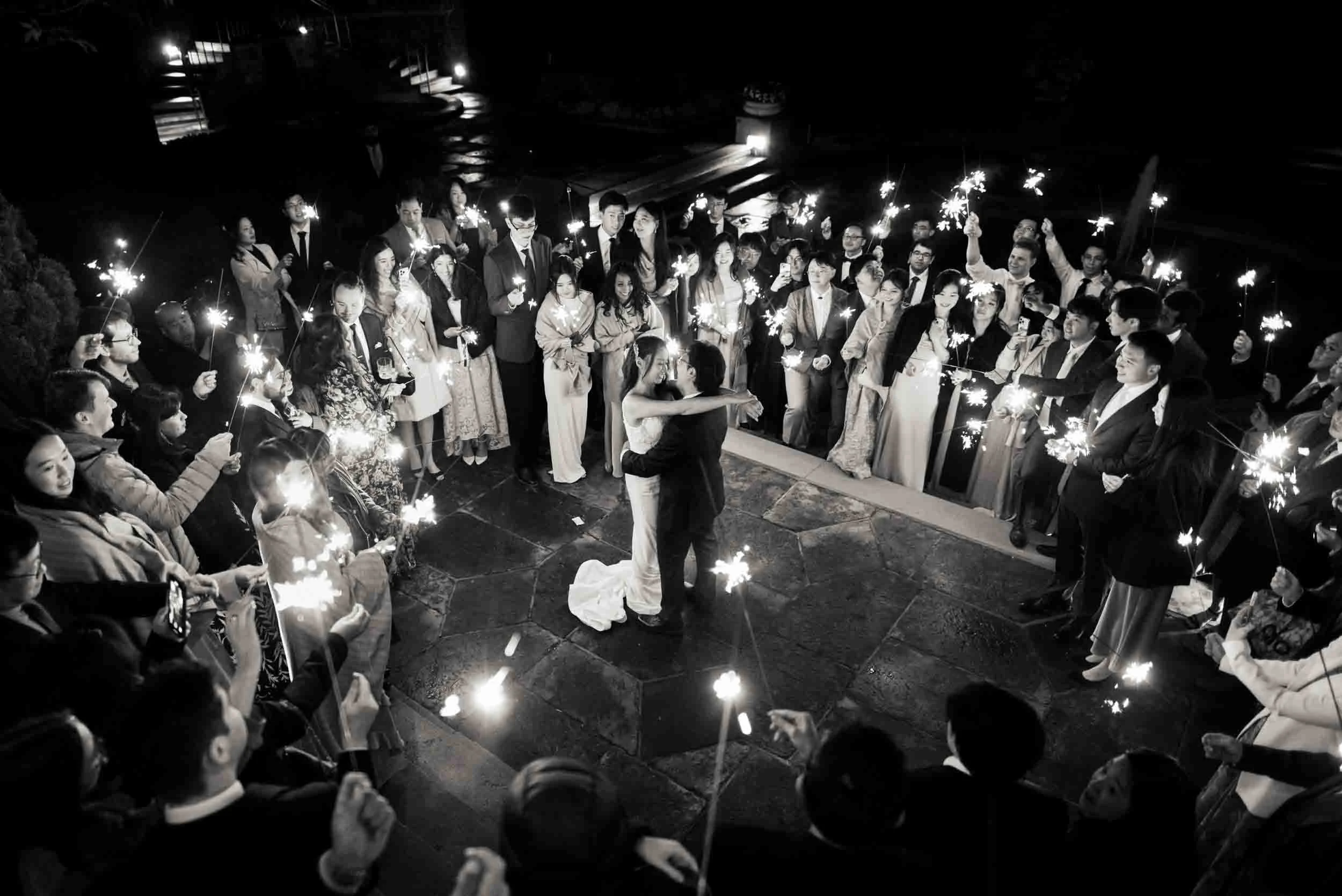 Black and white sparkler exit celebration at Graydon Hall Manor