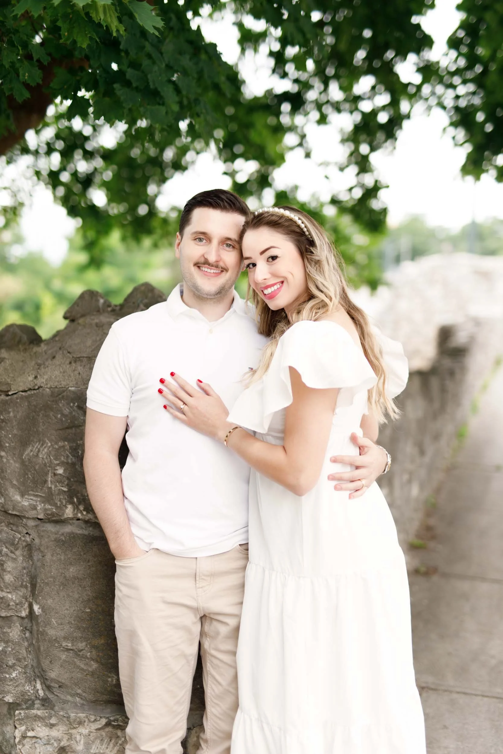 Couple portrait at stone ruins near Mill Race Park in Cambridge, Ontario