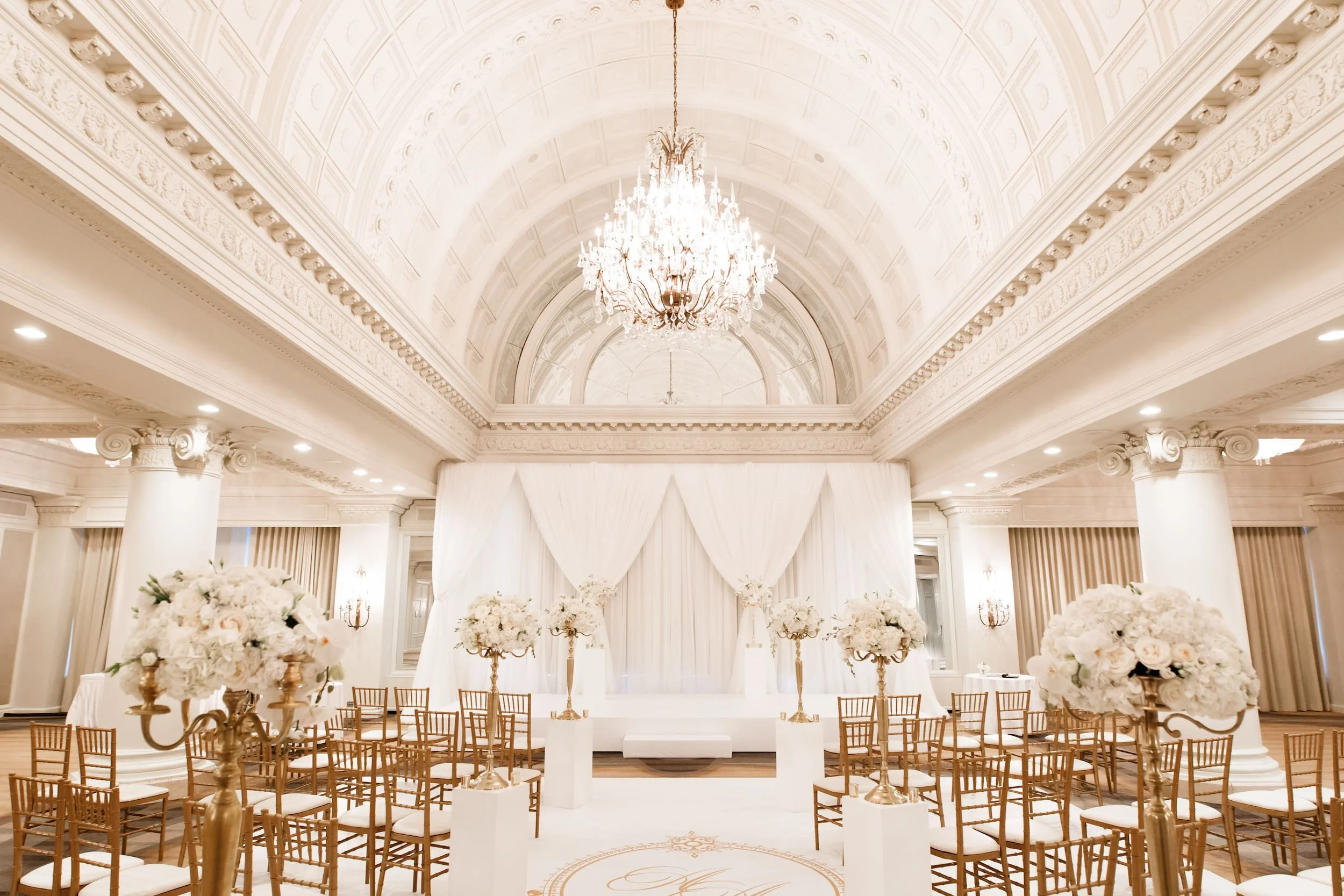 Wide view of Crystal Ballroom ceremony space at Omni King Edward Hotel