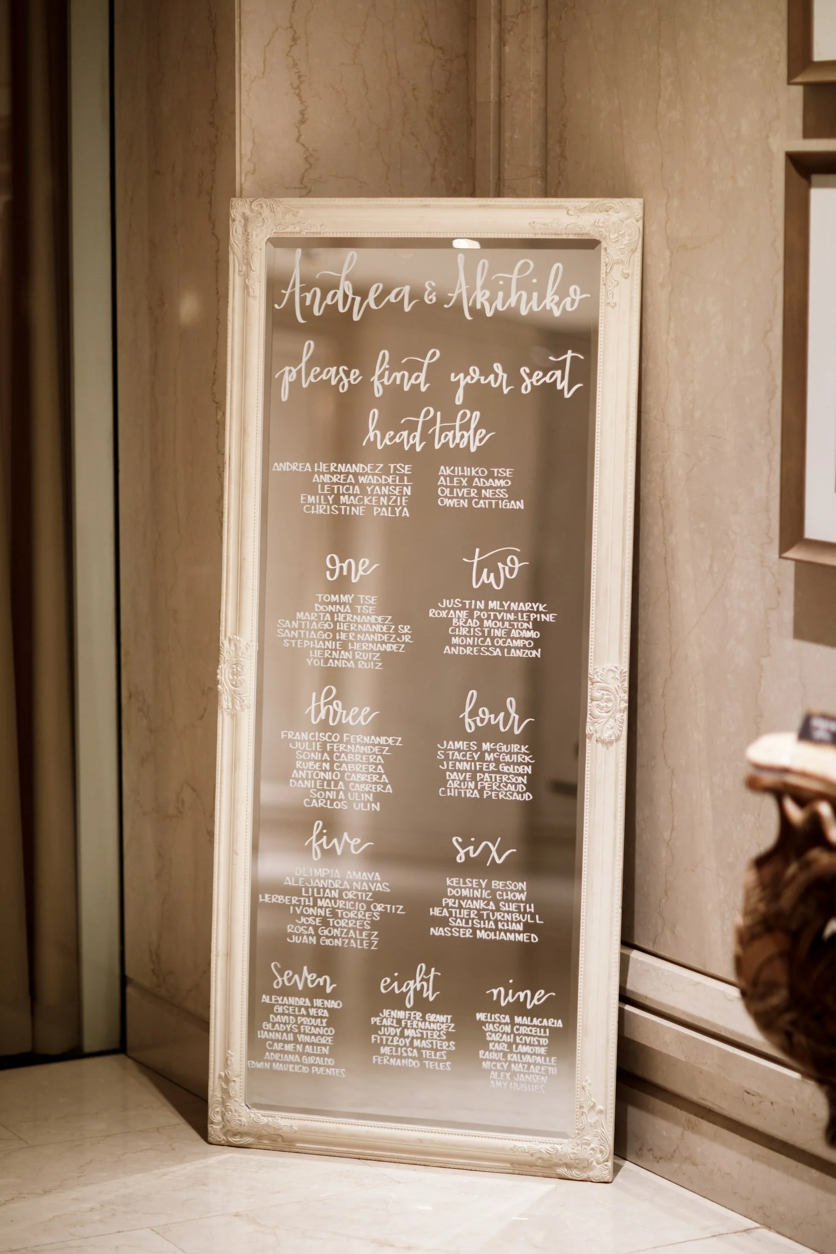 Wedding seating chart displayed on mirror at Omni King Edward Hotel Toronto wedding reception