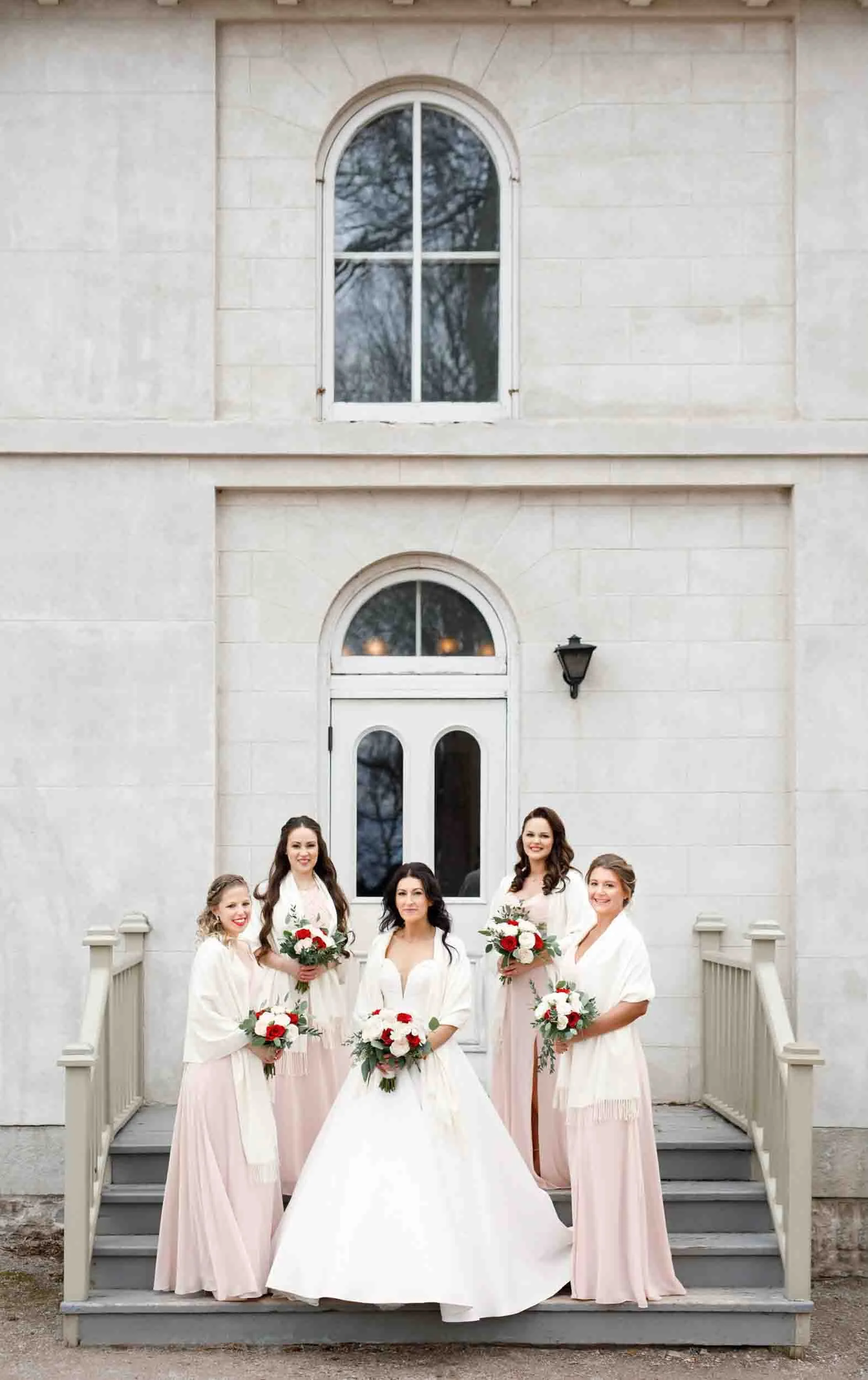 Bridal party portrait on Dundurn Castle entrance steps