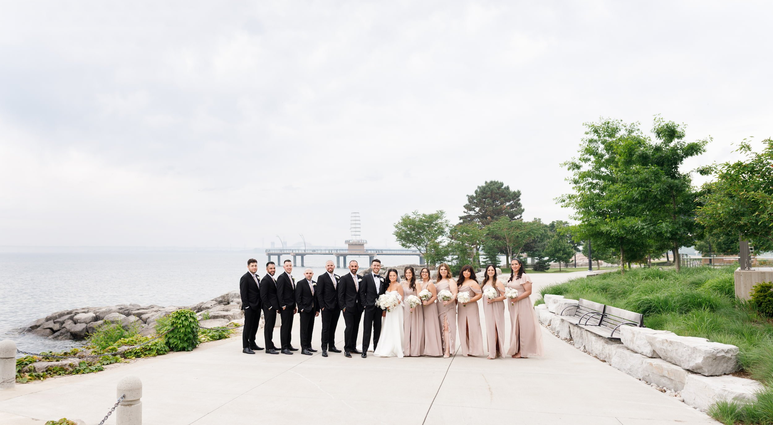 Wedding party at Spencer Smith Park waterfront in Burlington, Ontario