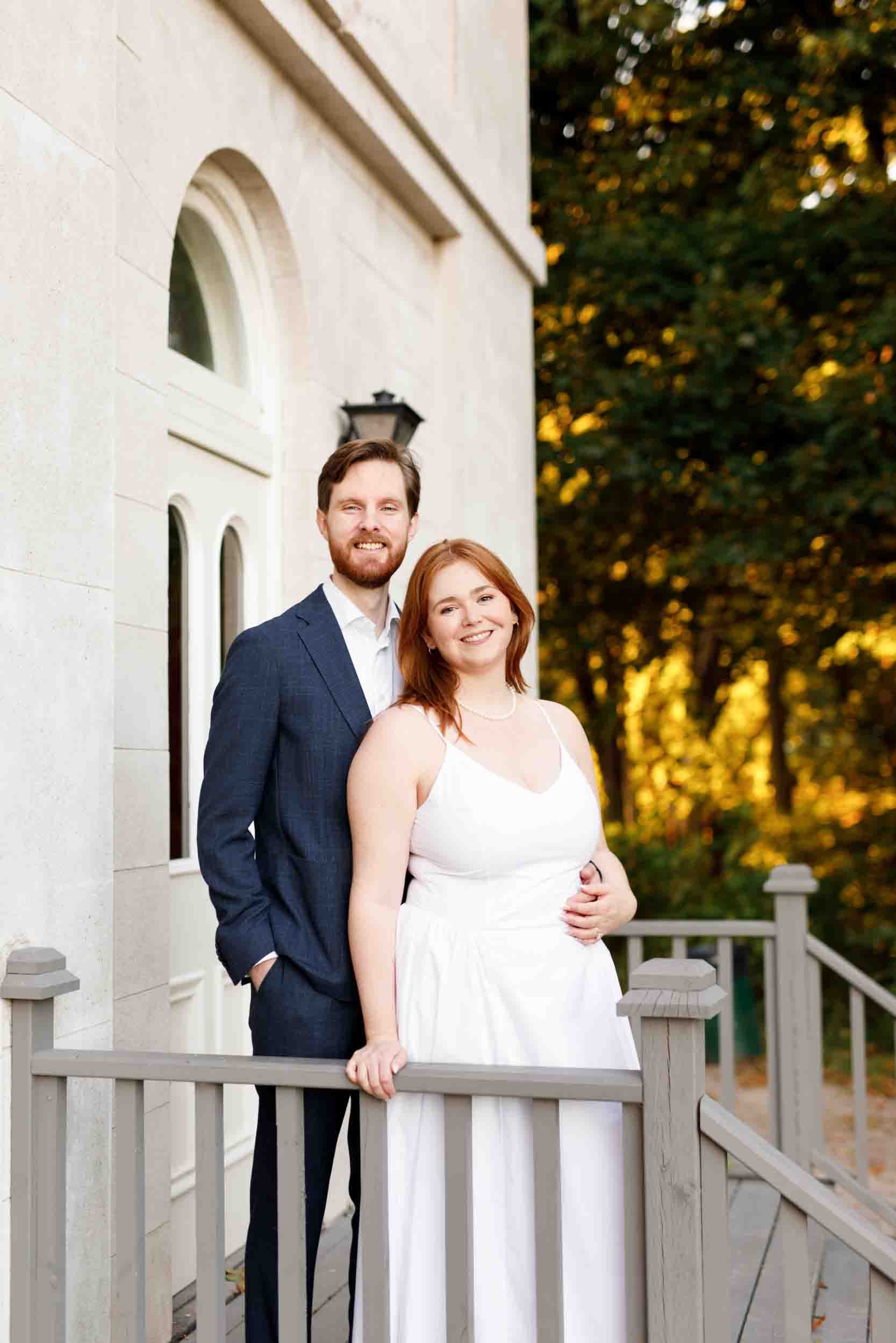 Engagement portrait on Dundurn Castle balcony in Hamilton