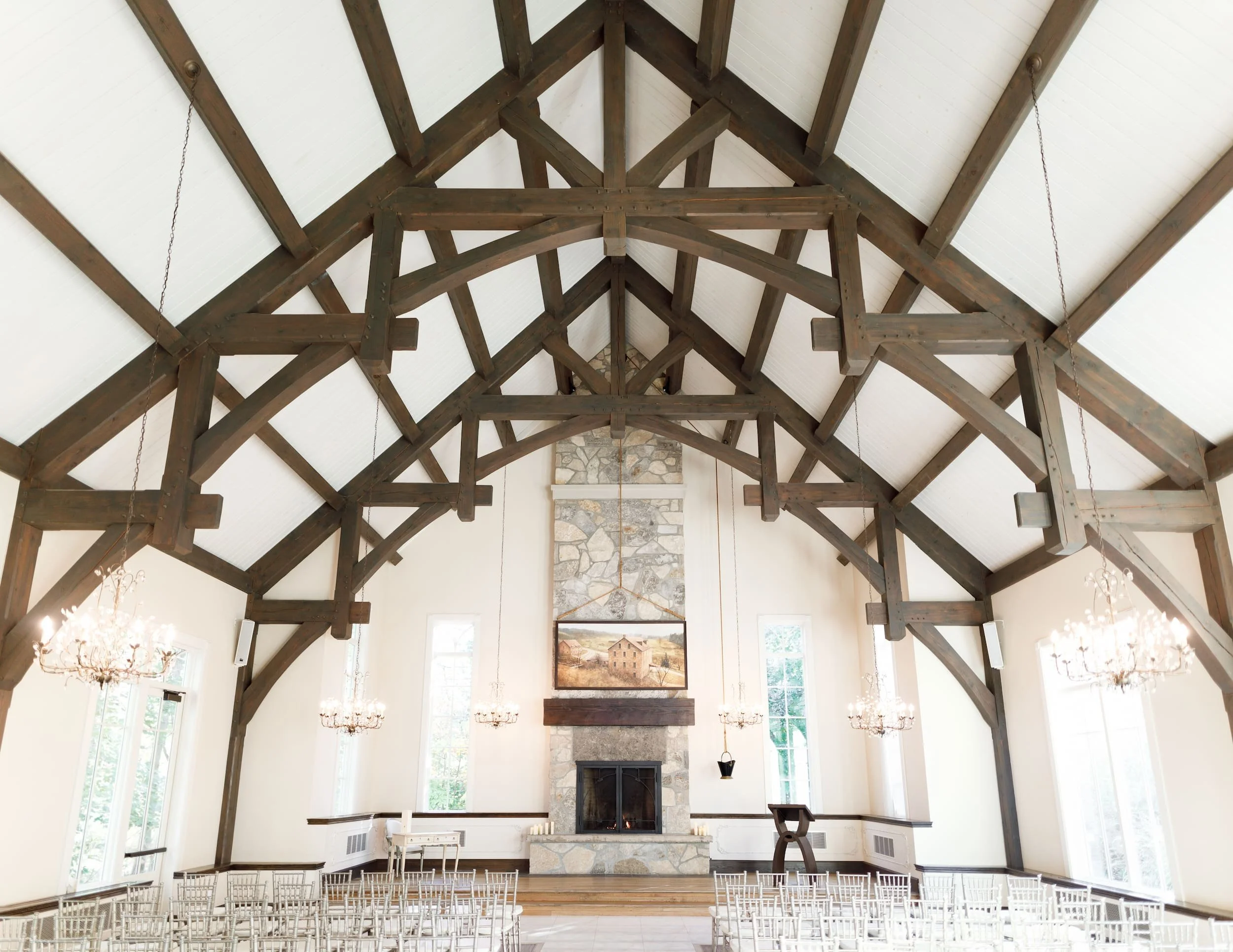 Wedding ceremony setup inside the Ancaster Mill chapel in Ancaster, Ontario