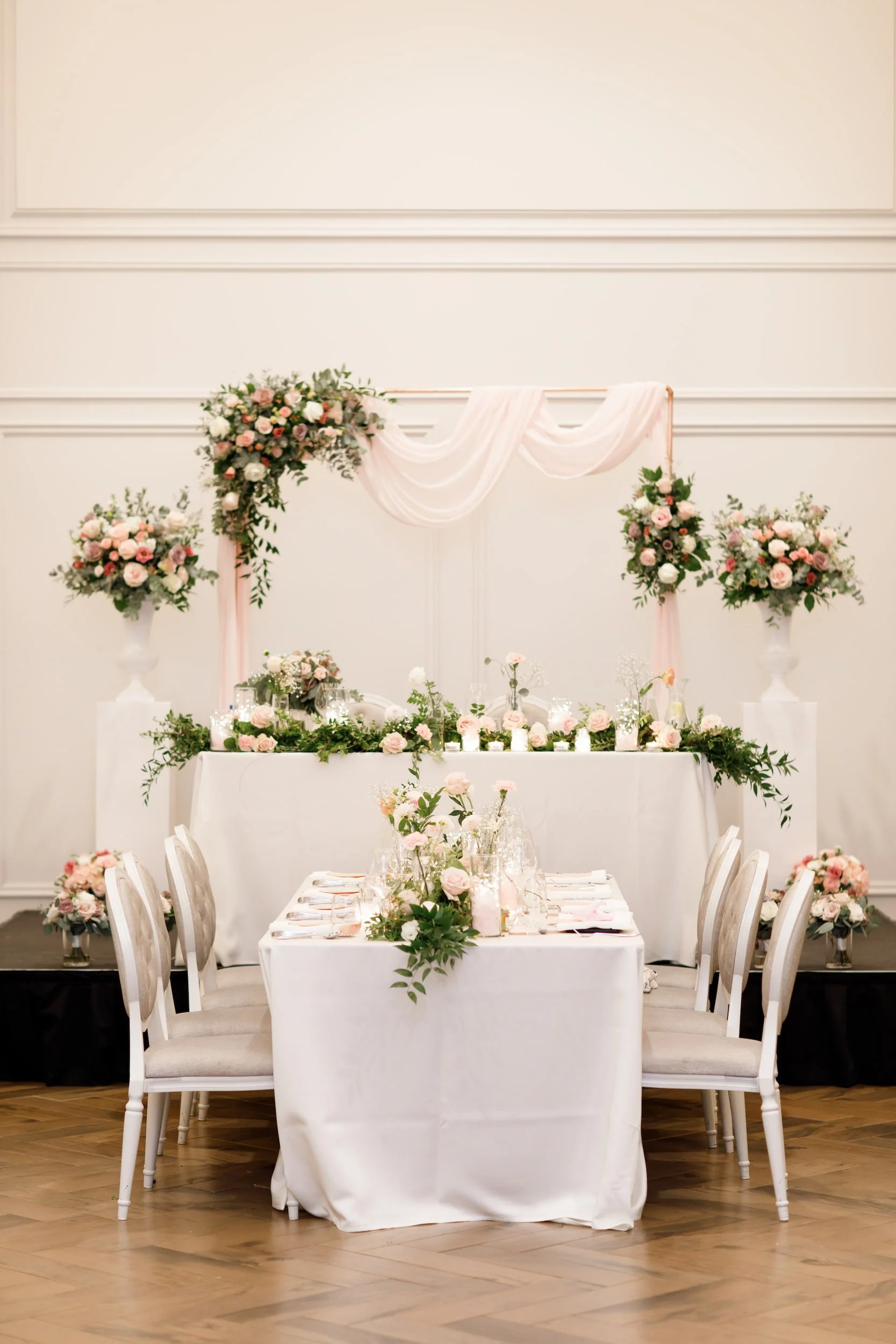 Wedding head table setup inside the Arlington Estate ballroom in Vaughan