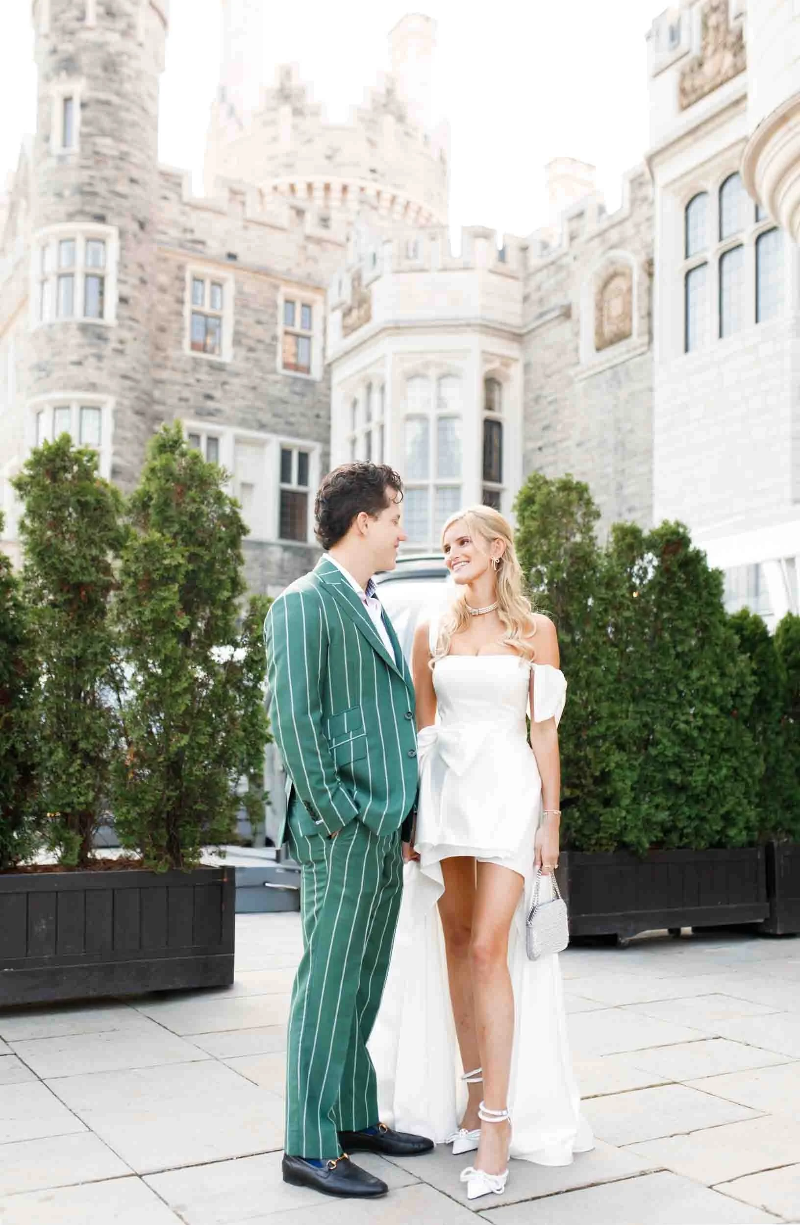 Engagement portrait at Casa Loma exterior stone walls