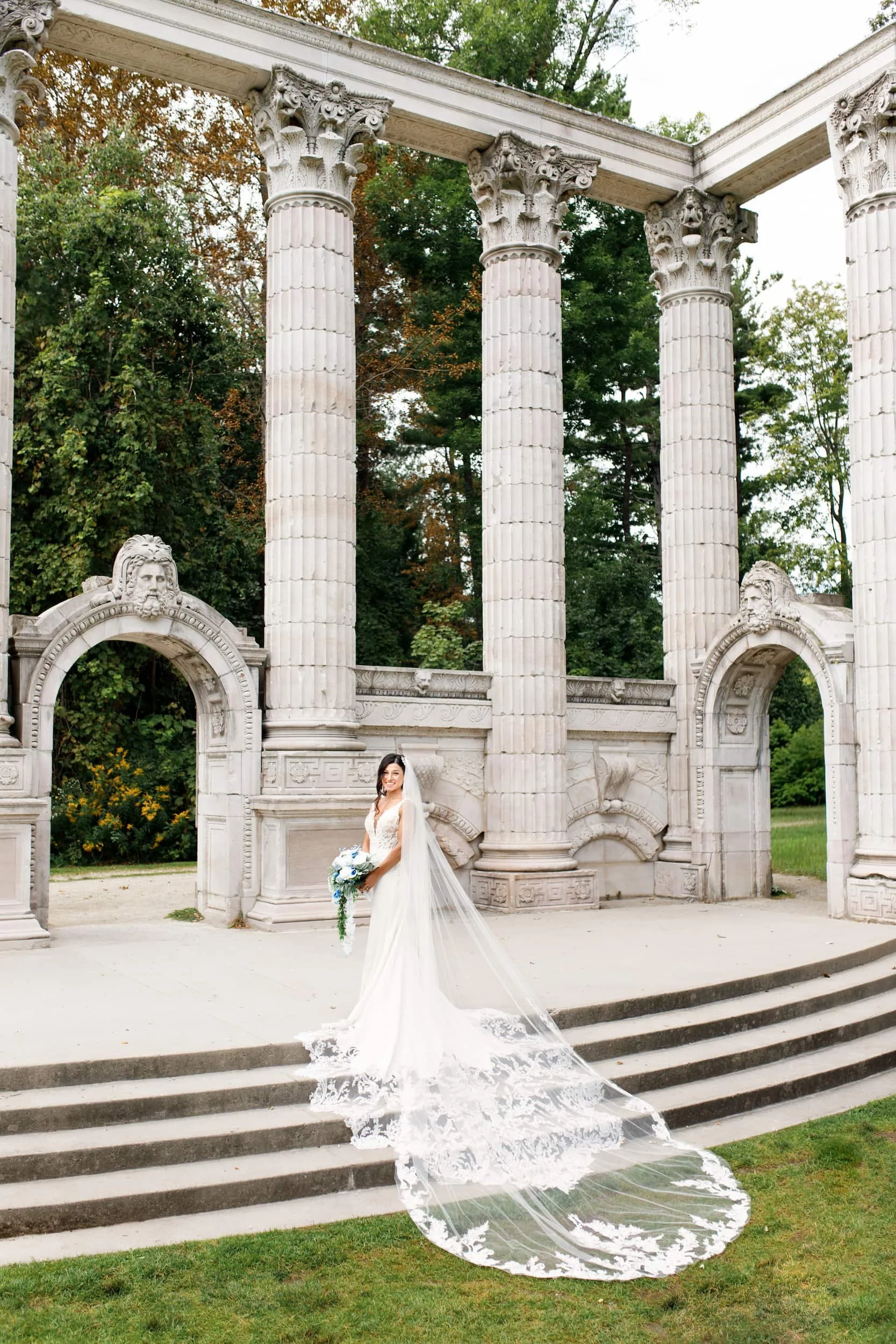 Bridal portrait at Guild Inn Estate historic columns