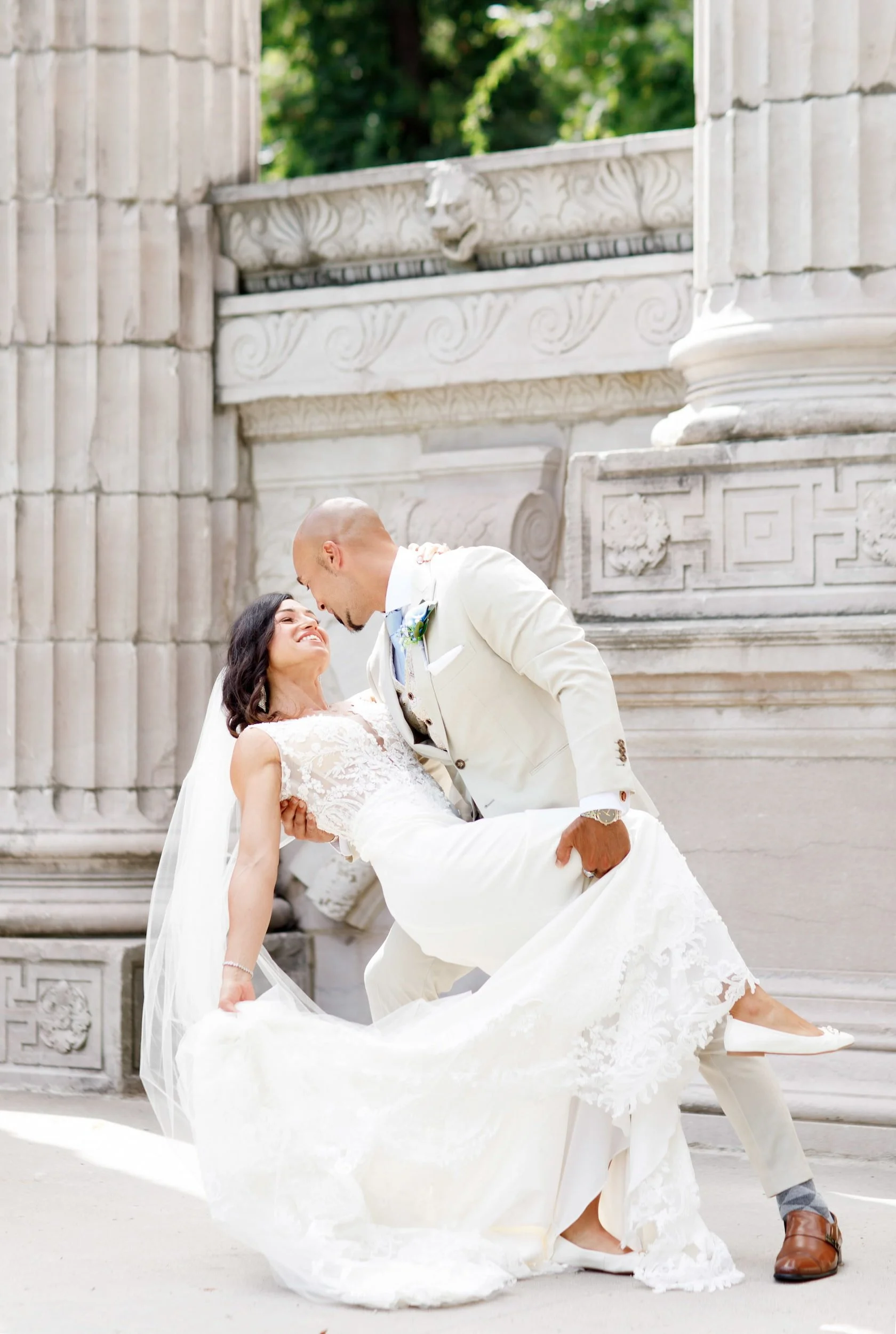 Romantic dip portrait at Guild Inn Estate stone architecture
