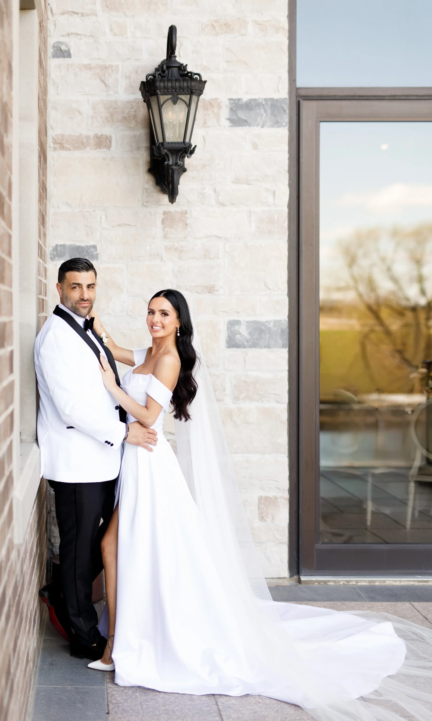 Bride and groom portrait at the Arlington Estate terrace in Vaughan