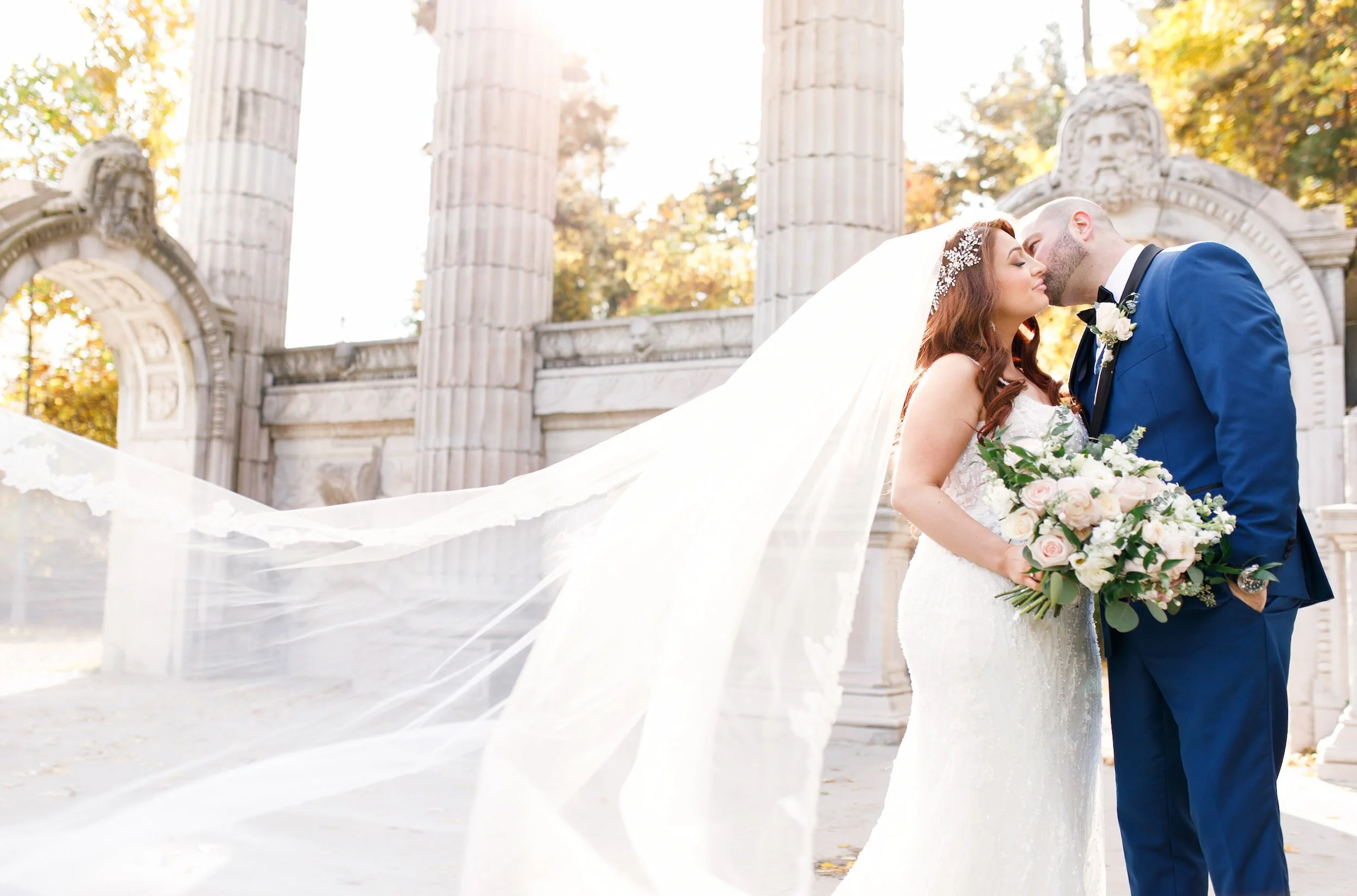 Bridal portrait with flowing veil at Guild Inn Estate ruins