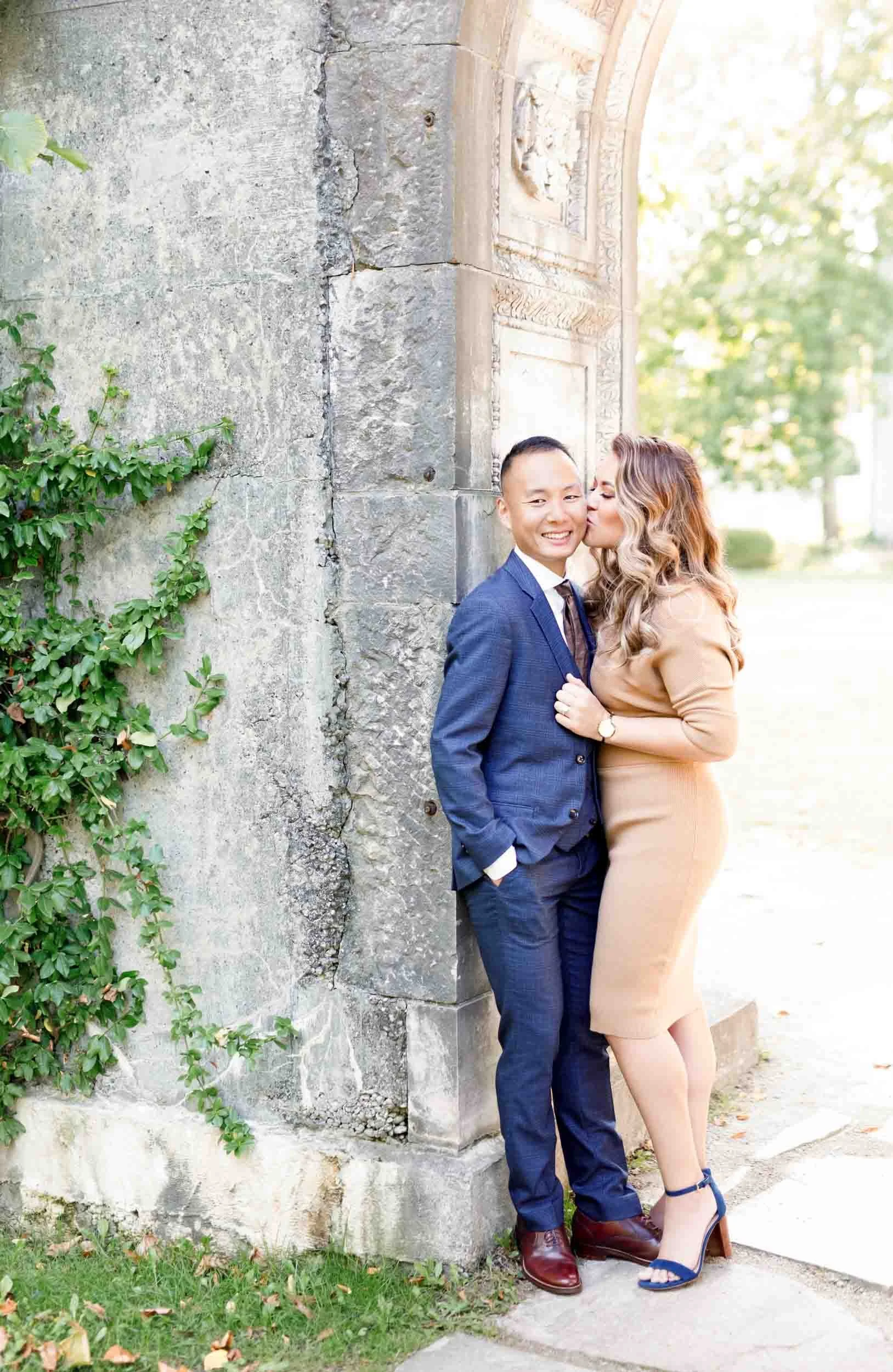 Romantic engagement session at Guild Inn Estate stone wall