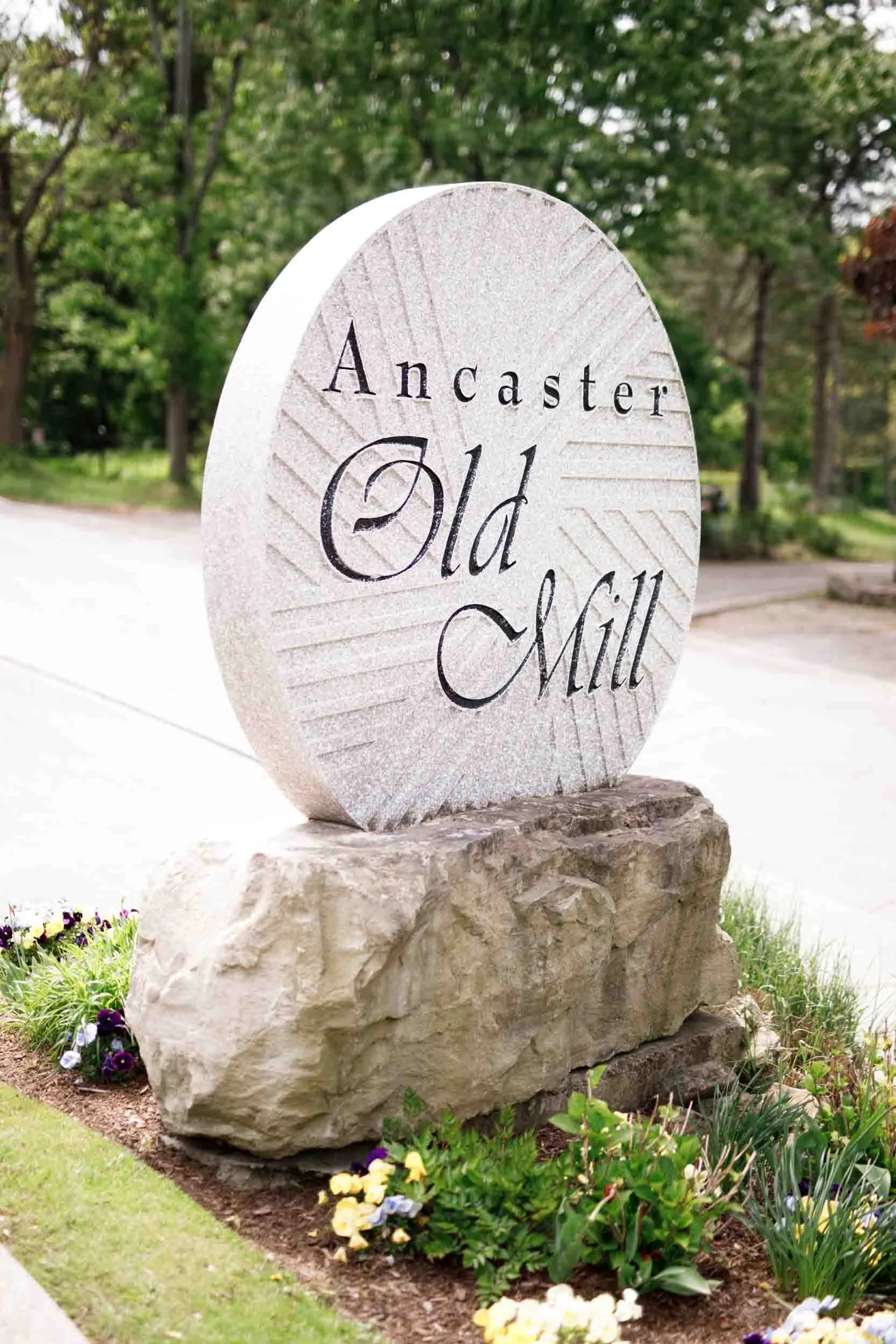Ancaster Old Mill stone sign in Ancaster, Ontario
