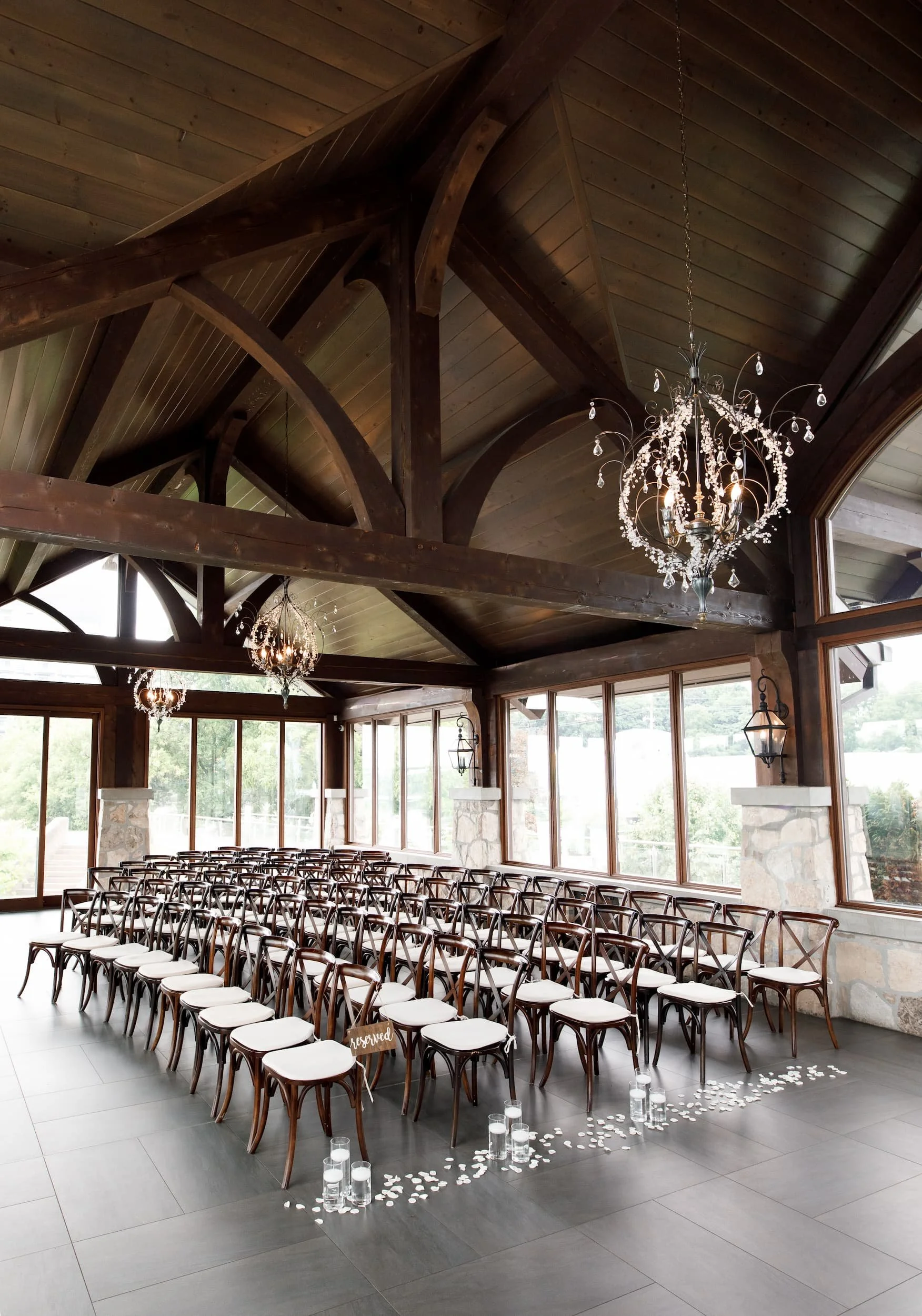 Exposed beam pavilion ceremony space at Cambridge Mill in Cambridge, Ontario