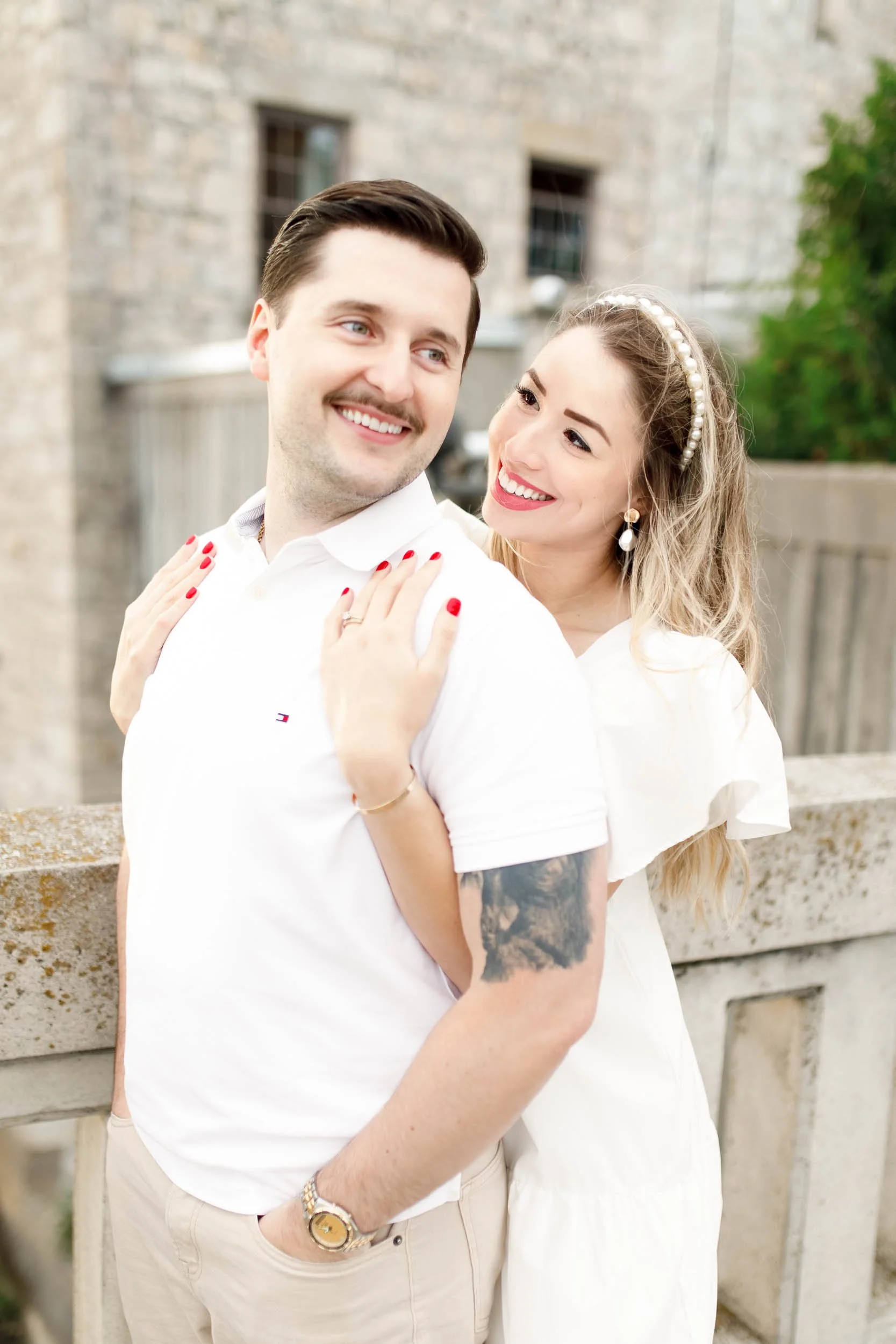 Close-up engagement portrait at historic stone ruins in Cambridge, Ontario
