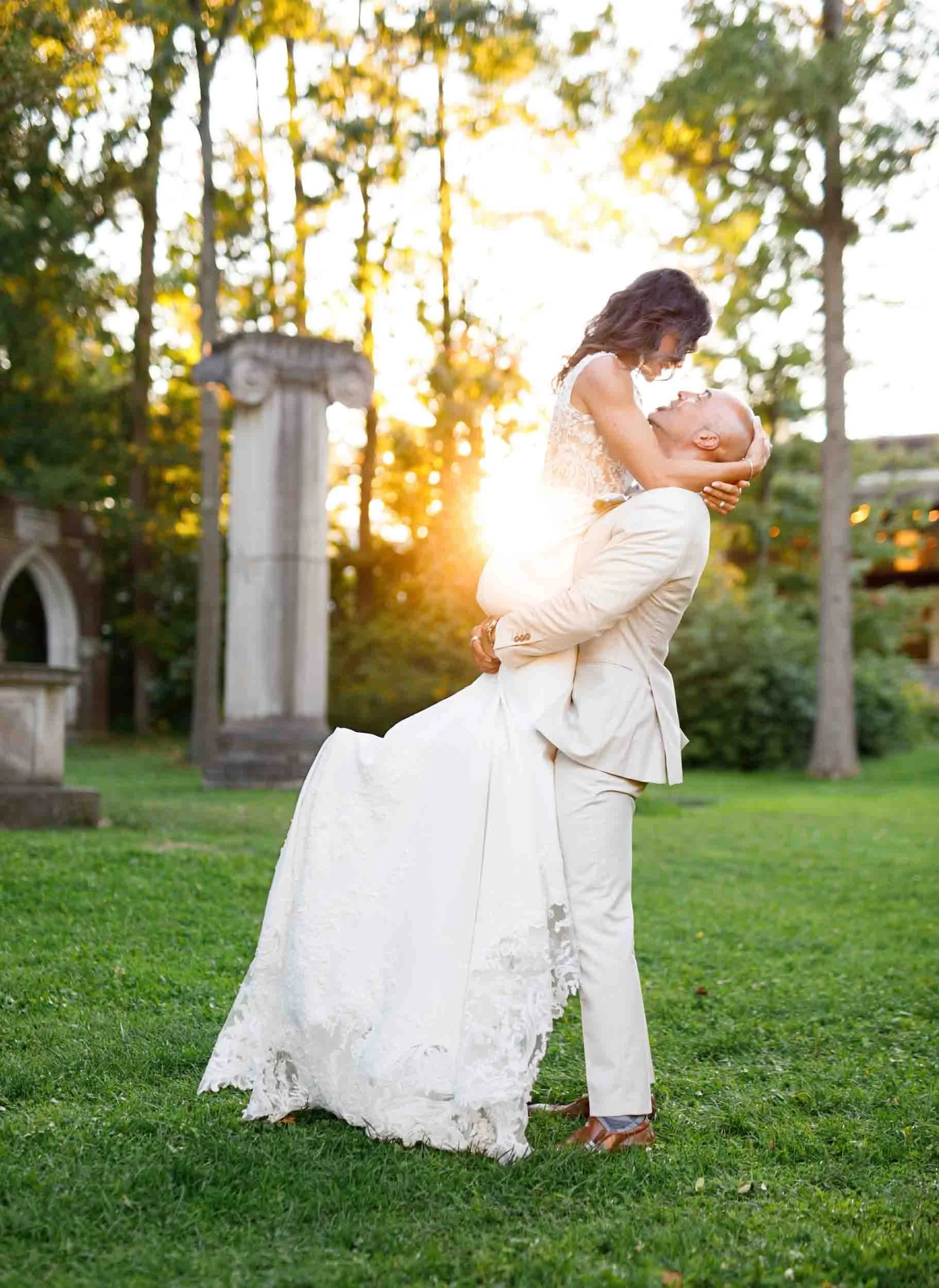 Sunset lift portrait with Bride and Groom in Guild Inn Estate gardens