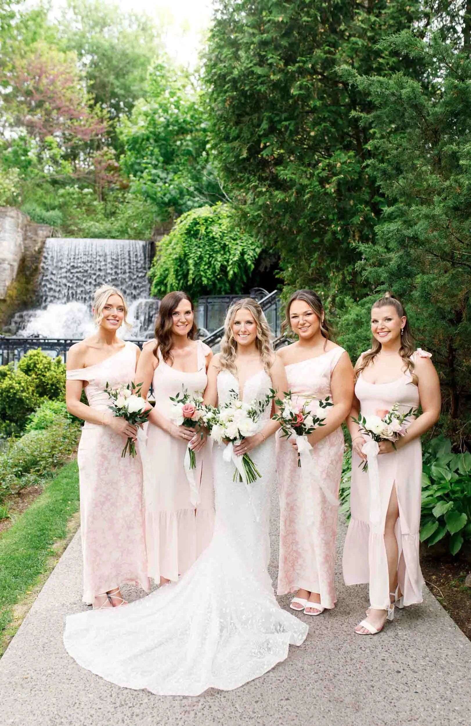 Bridesmaids portrait at the Ancaster Mill waterfall gardens