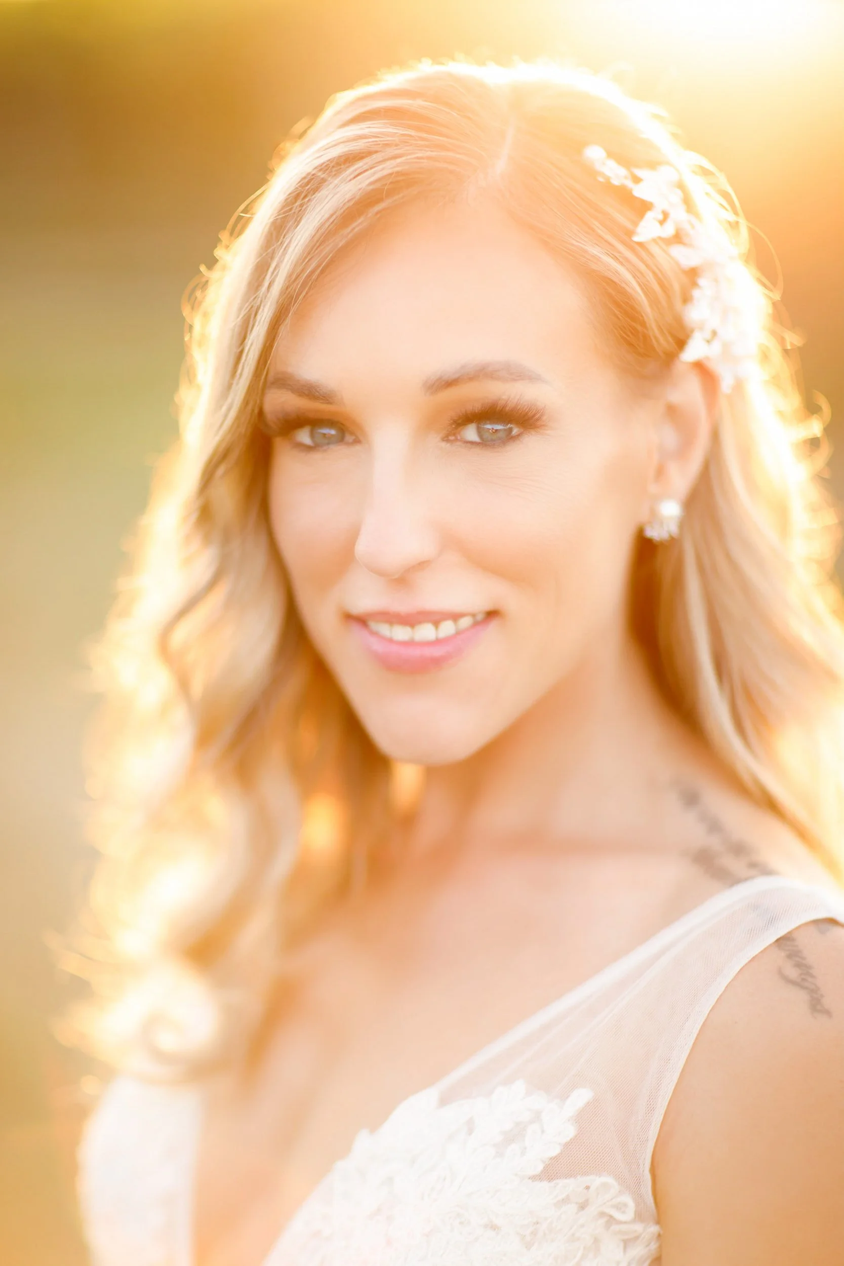 Close-up bridal portrait in vineyard at Kurtz Orchards