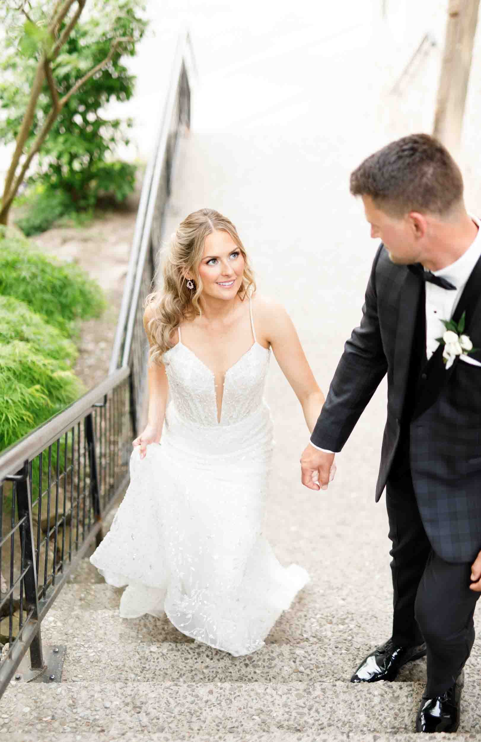 Bride and groom portrait on the Ancaster Mill staircase