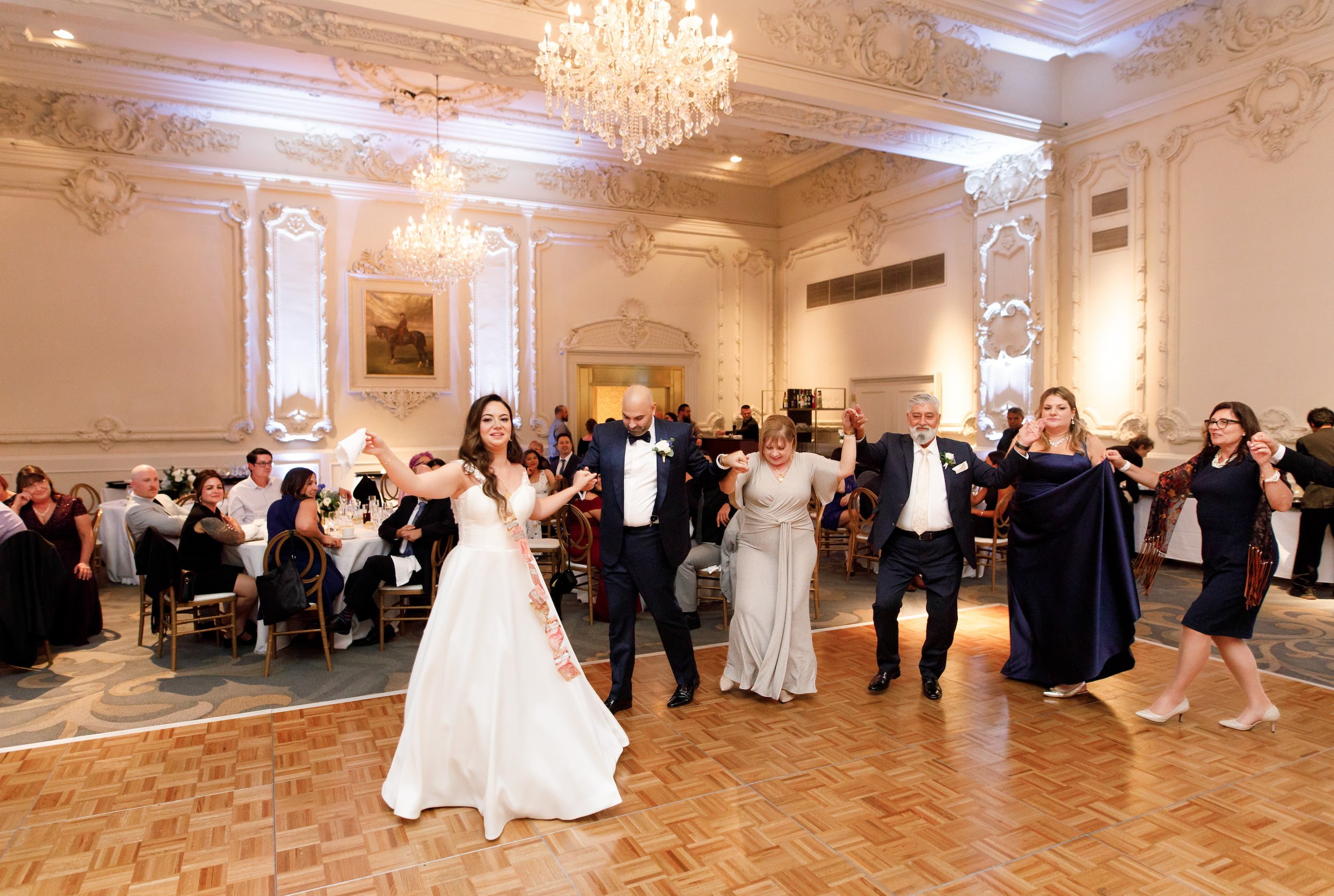 Wedding party dancing in the Sovereign Ballroom at Omni King Edward Hotel in Toronto