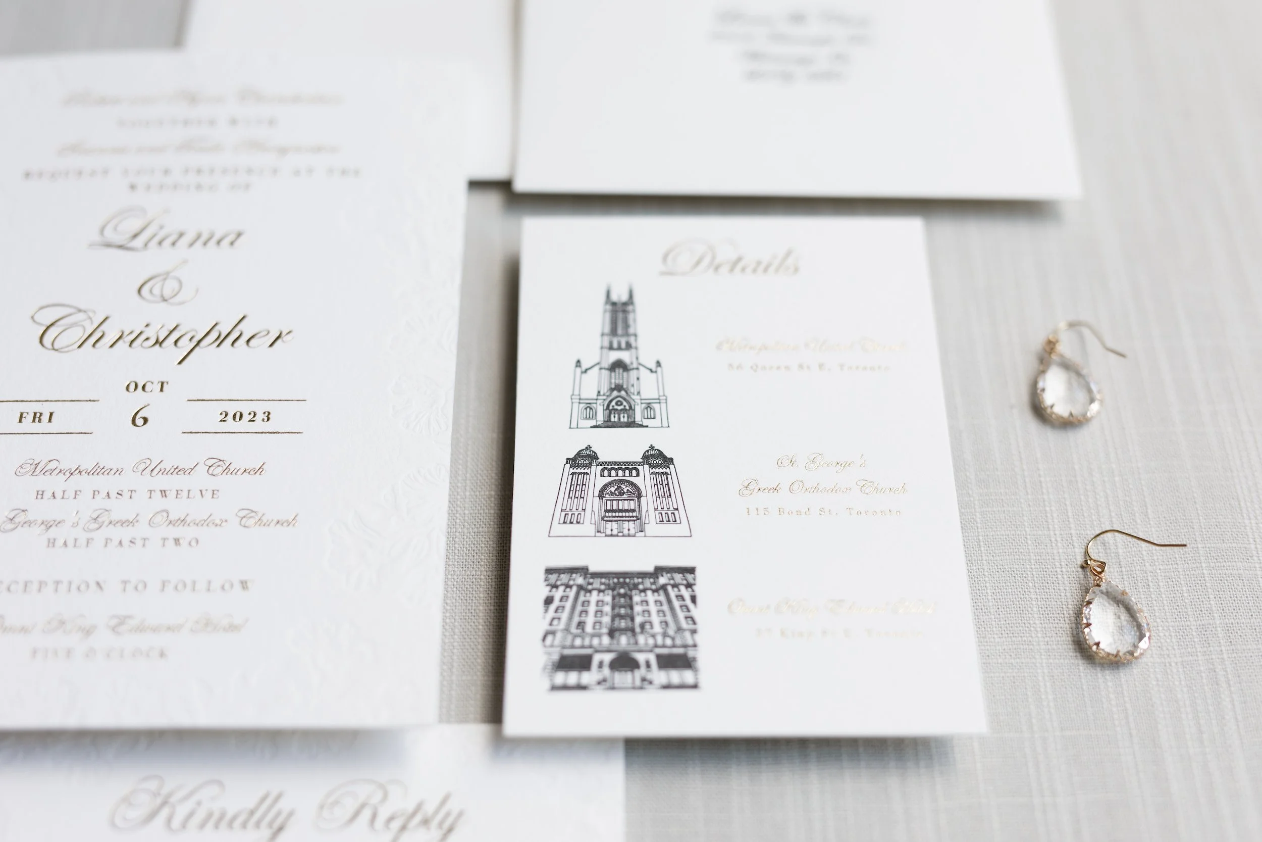 Custom wedding stationery featuring Omni King Edward Hotel illustration