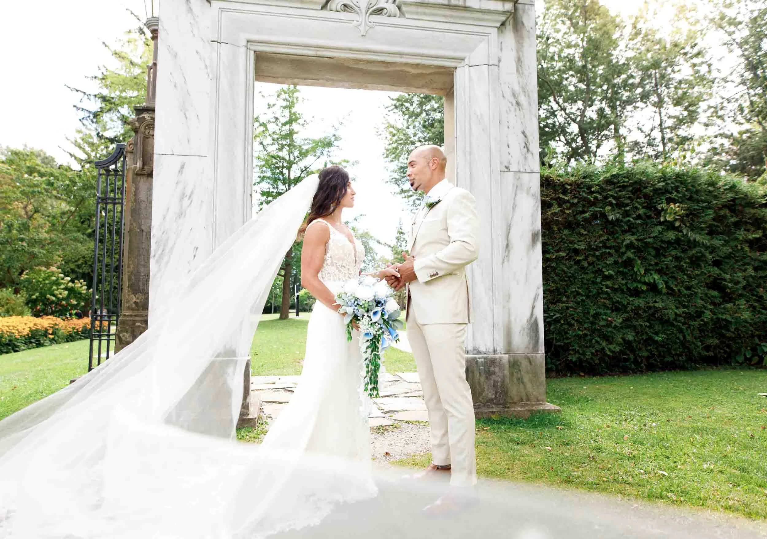 Veil portrait framed by Guild Inn Estate stone archway